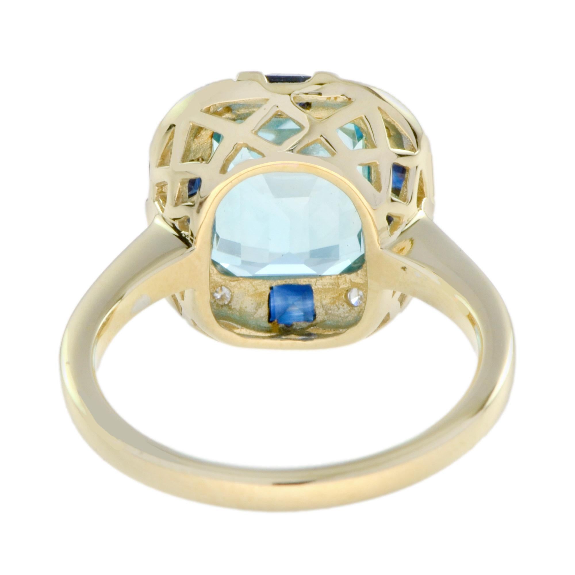 Art Deco Style Blue Topaz Sapphire and Diamond Ring in White Top Yellow Gold In New Condition For Sale In Bangkok, TH