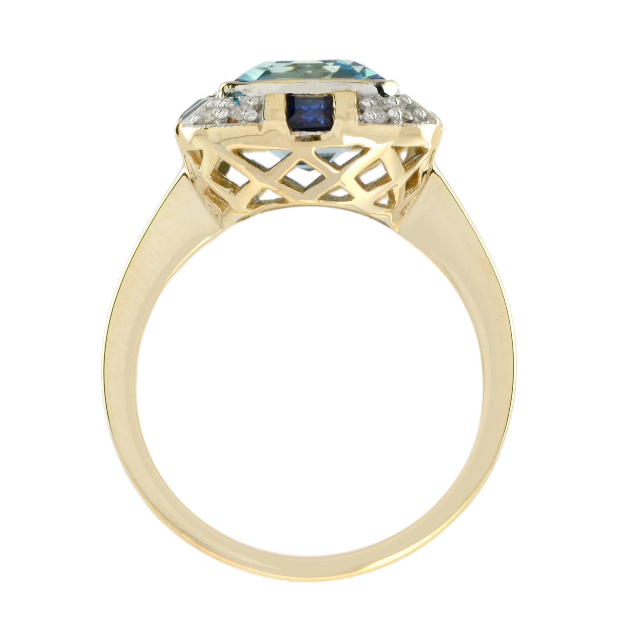 For Sale:  Art Deco Style Blue Topaz Sapphire and Diamond Ring in White Top Yellow Gold 6