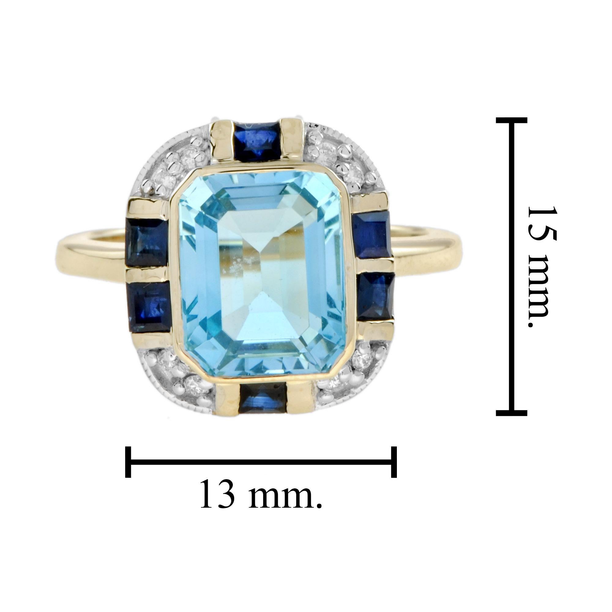 For Sale:  Art Deco Style Blue Topaz Sapphire and Diamond Ring in White Top Yellow Gold 7