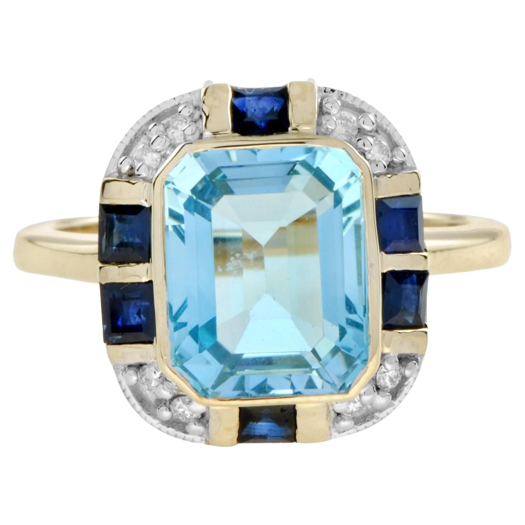 Art Deco Style Blue Topaz Sapphire and Diamond Ring in White Top Yellow Gold For Sale