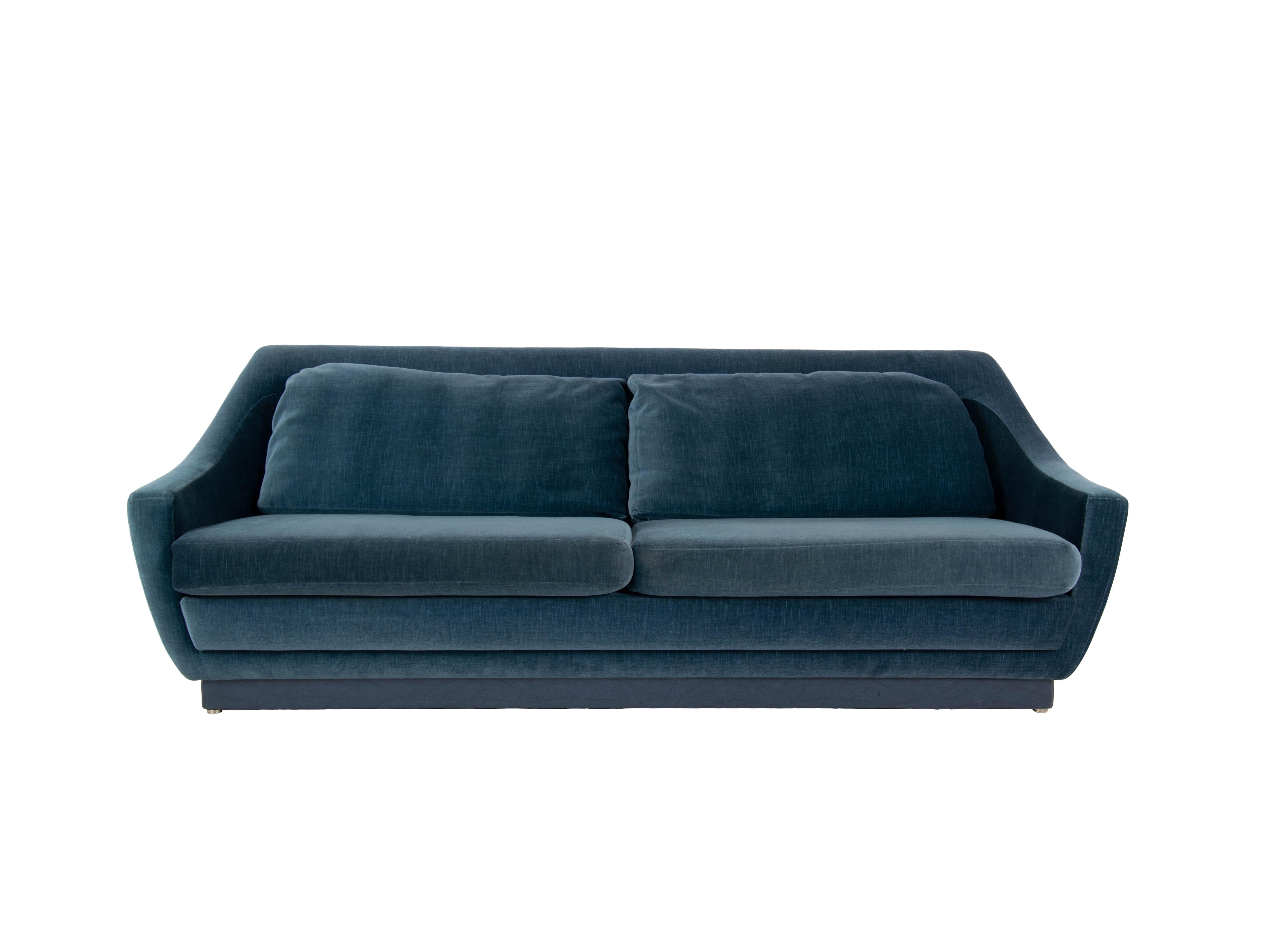 Impressive Art Deco style Sofa, which is very professionally upholstered in 1988 by 'Bröring Interieur B.V'. in Amsterdam. It has blue velvet fabric with an edge on the bottom in blue leather. The sofa easily sits three people. It has two large