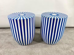 Art Deco Style Blue & White Resin Cylindrical Side / End Table or Stool, a Pair