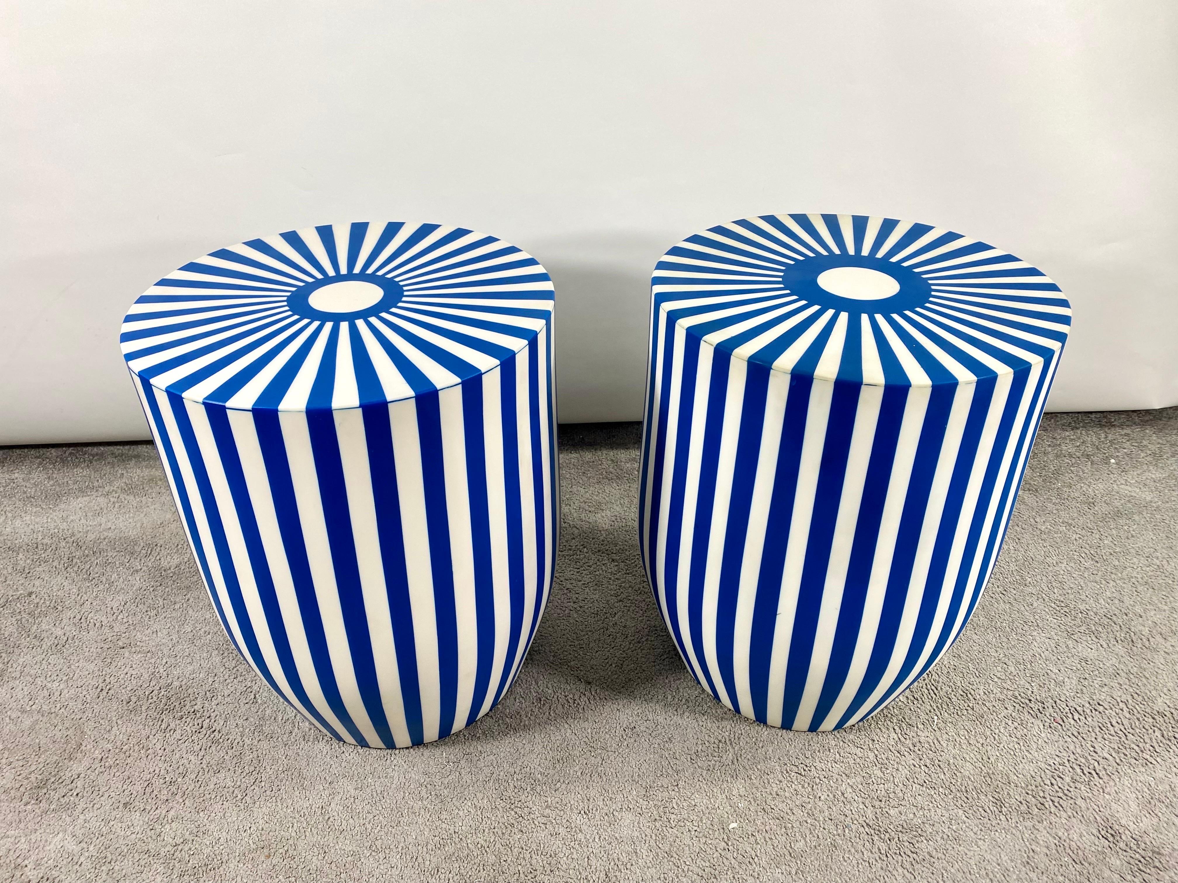 Art Deco Style Blue & White Resin Cylindrical Side / End Table or Stool, a Pair In Good Condition For Sale In Plainview, NY