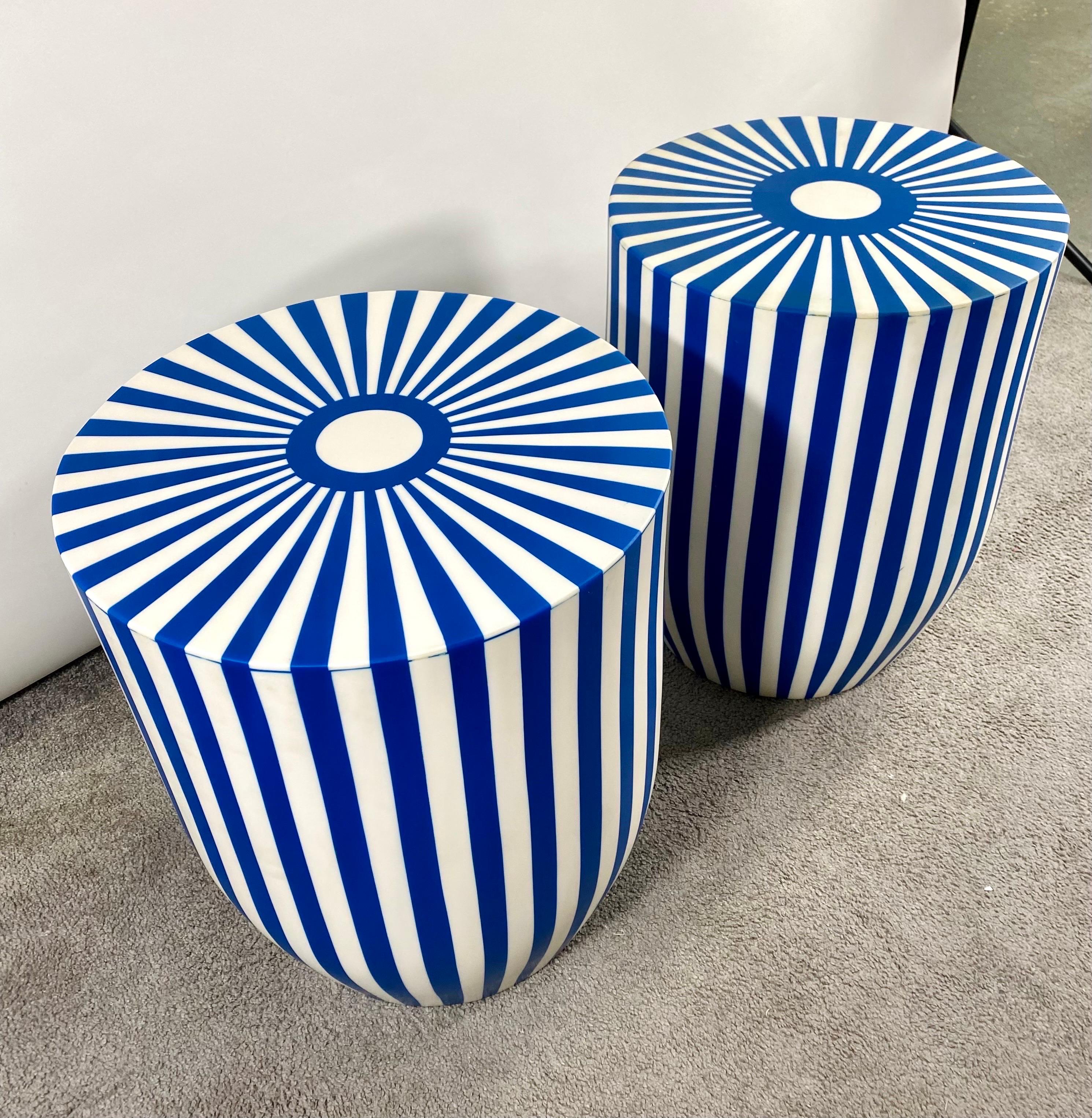 20th Century Art Deco Style Blue & White Resin Cylindrical Side / End Table or Stool, a Pair For Sale