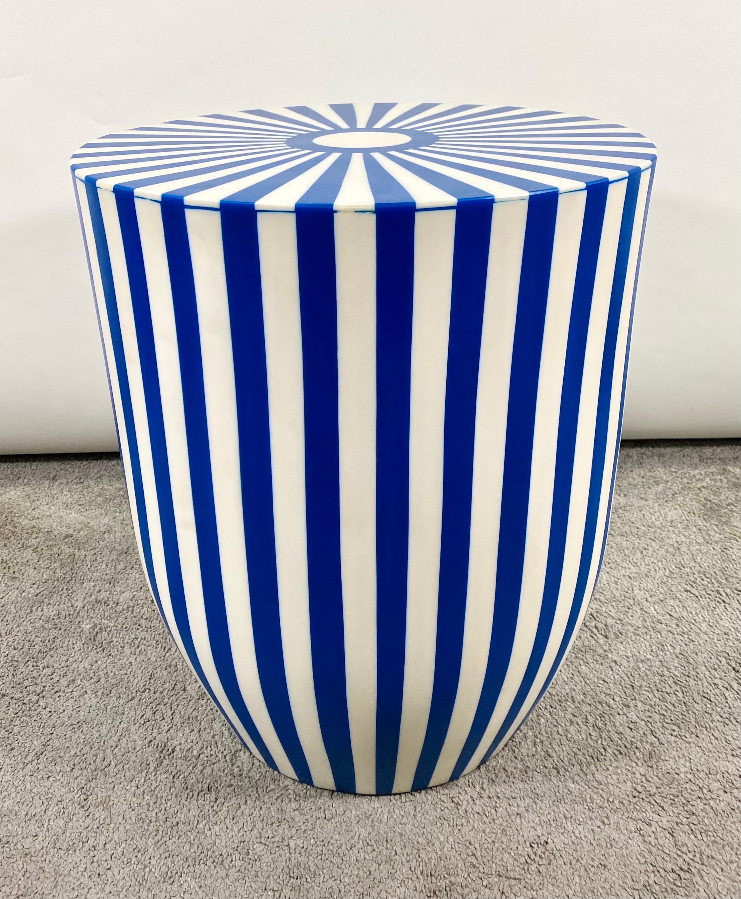 20th Century Art Deco Style Blue & White Resin Cylindrical Side / End Table or Stool, a Pair
