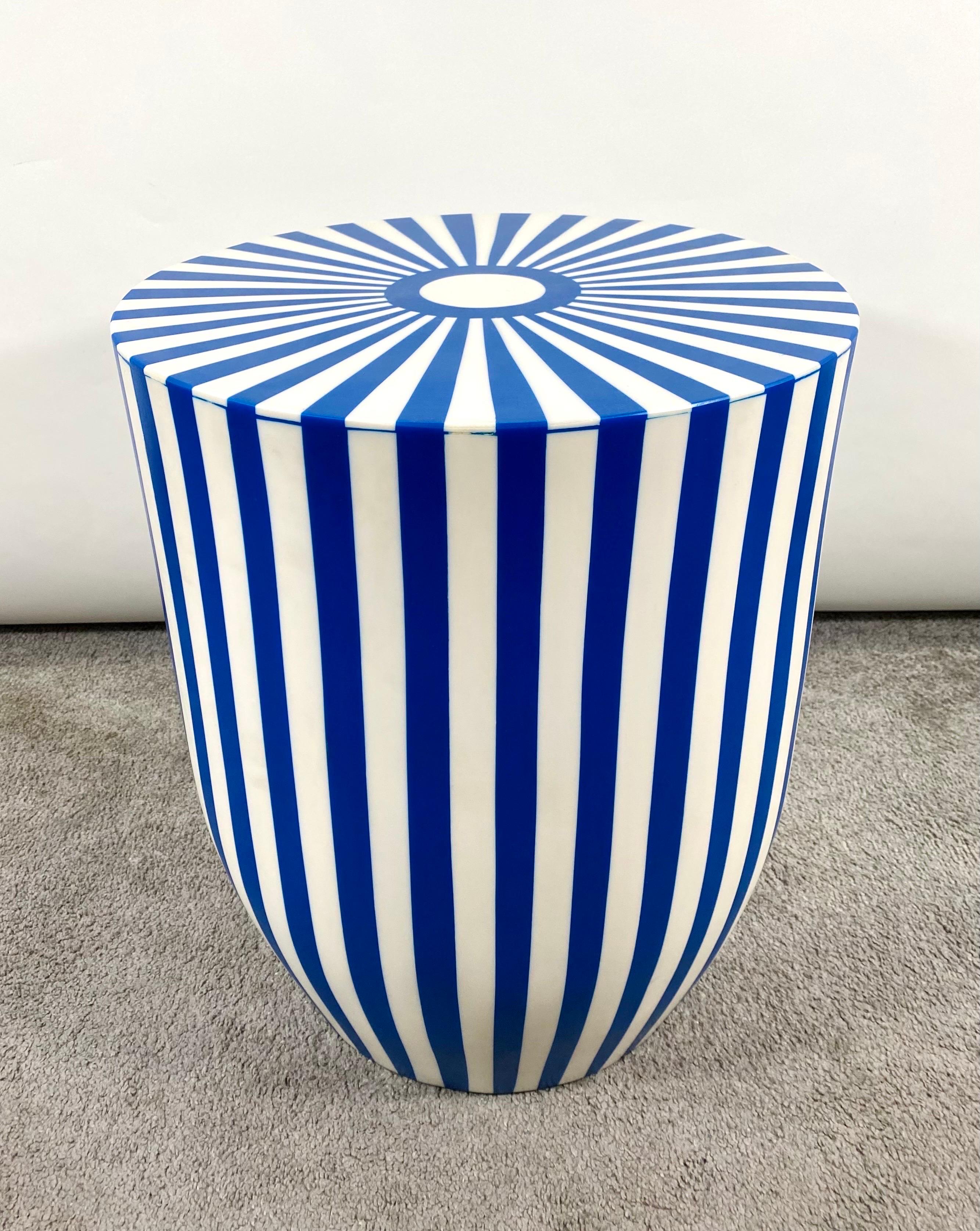 Art Deco Style Blue & White Resin Cylindrical Side / End Table or Stool, a Pair For Sale 4