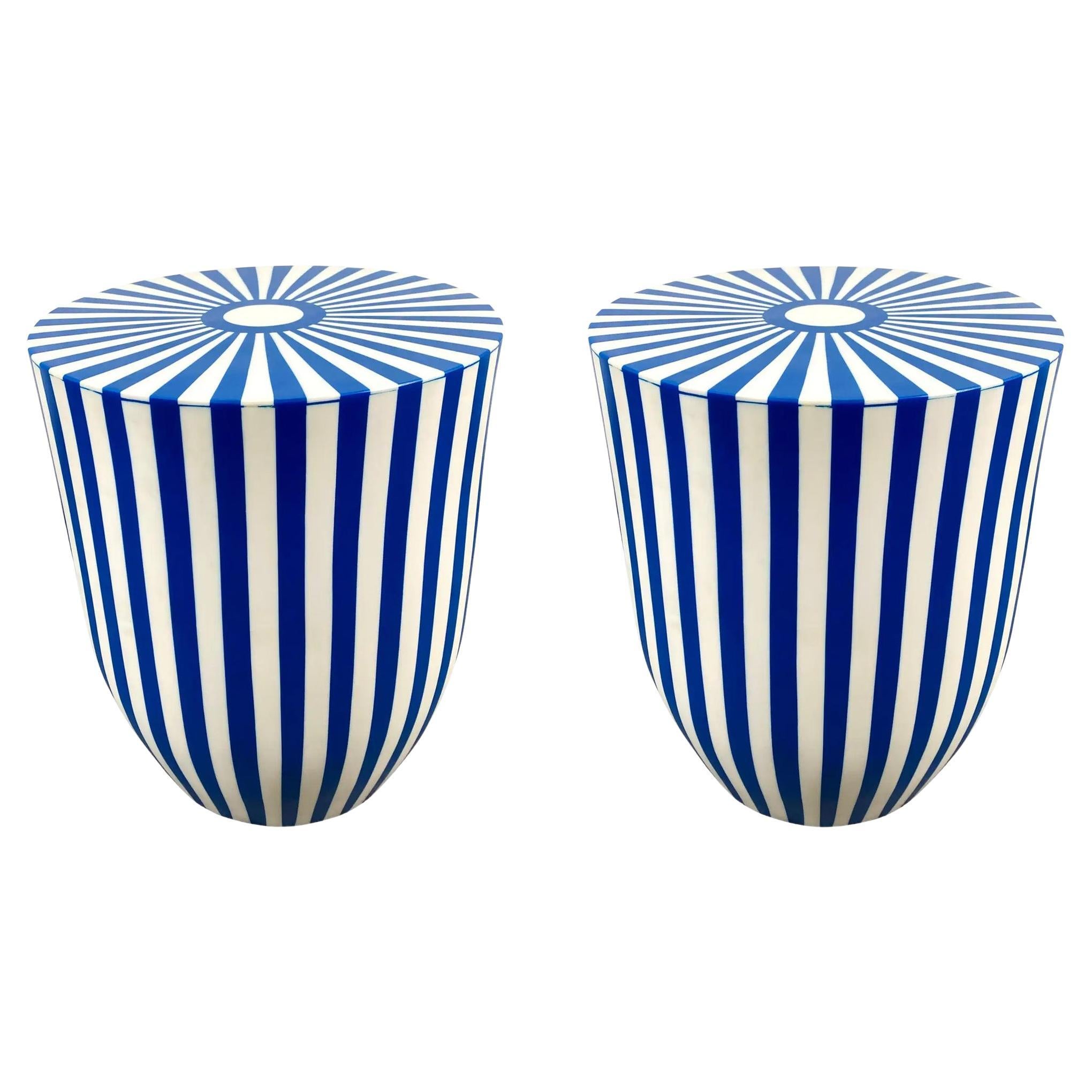 Art Deco Style Blue & White Resin Cylindrical Side / End Table or Stool, a Pair For Sale