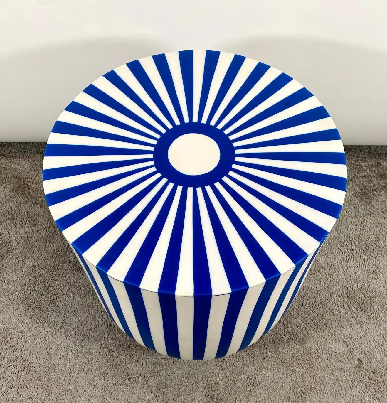 20th Century Art Deco Style Blue & White Resin Cylindrical Side, End Table or Stool For Sale