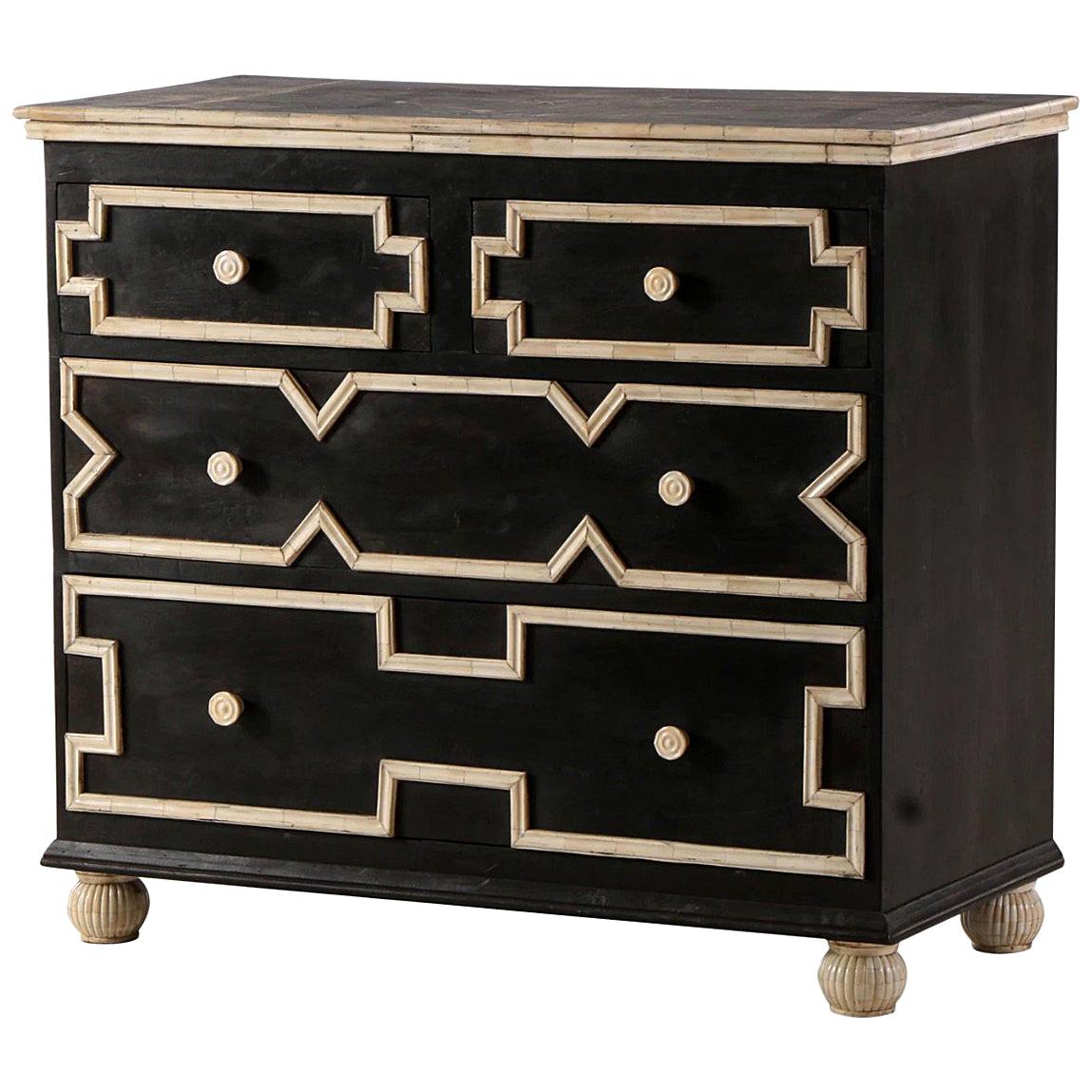 Glamorous Bone Trim Wood Chest Dresser Cabinet- Deco Dorothy Draper Style For Sale