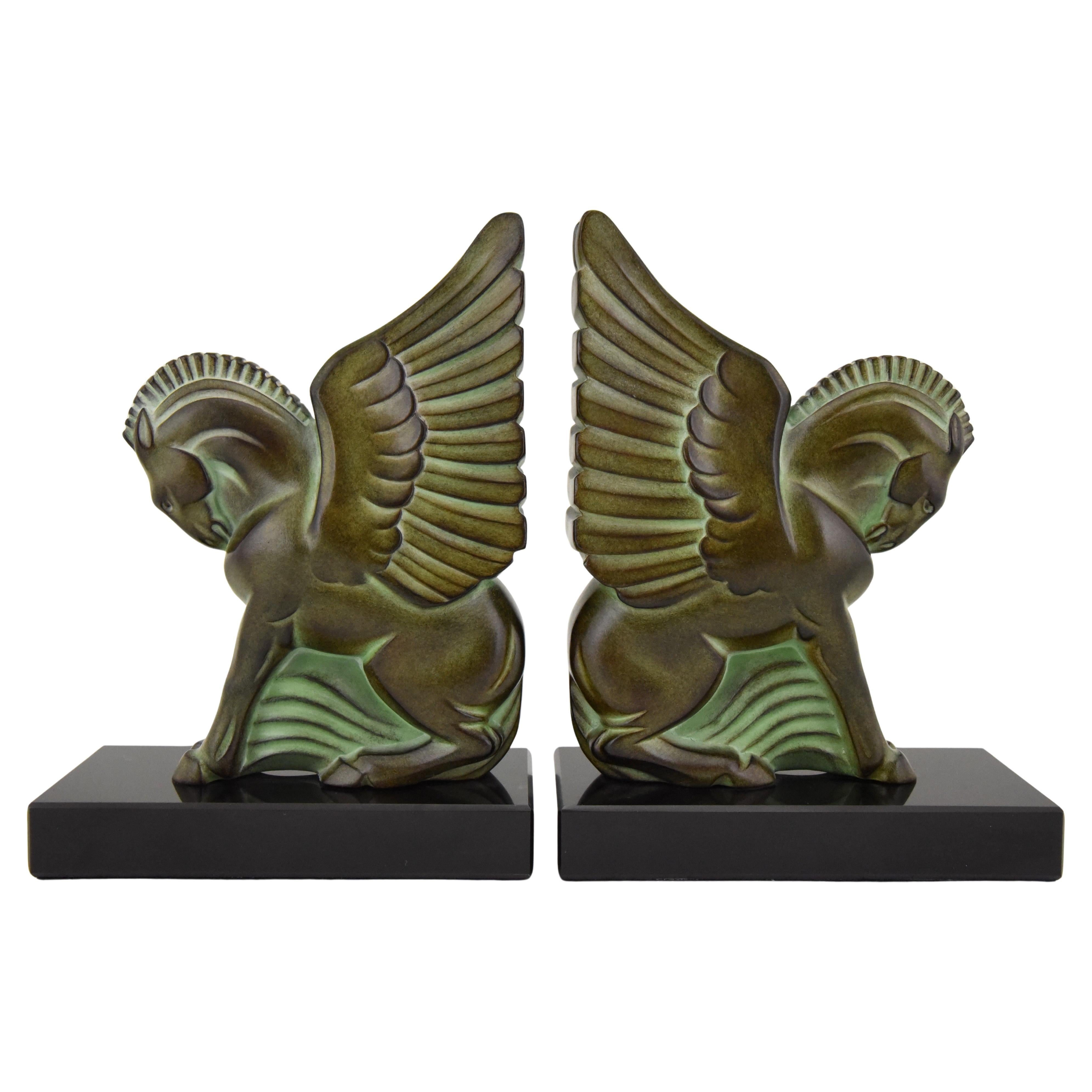 Art Deco style bookends PEGASE signed by Max Le Verrier, winged horses.