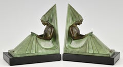Art Deco style bookends reading ladies Moyen Age signed Max Le Verrier.