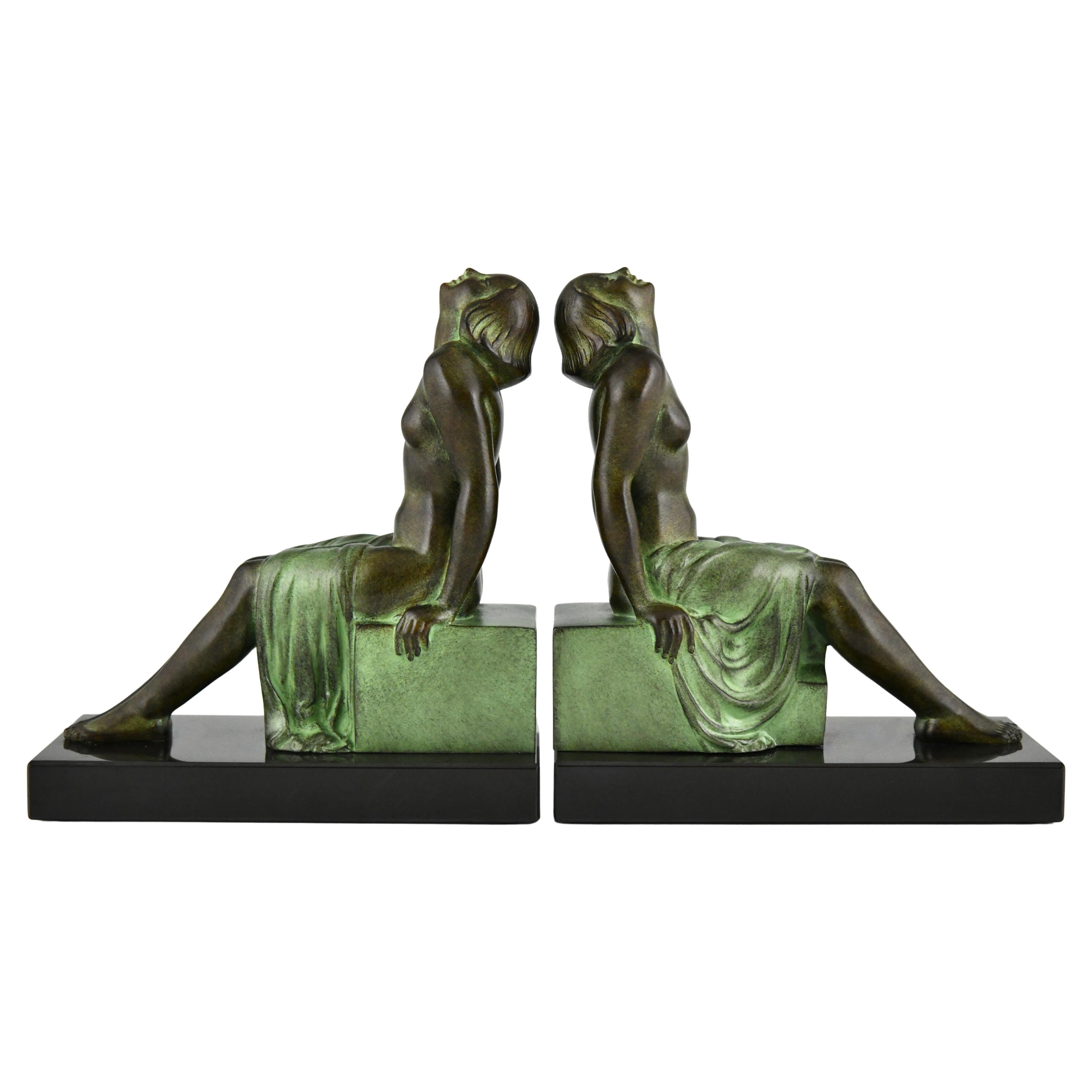 Art Deco style bookends seated nudes Insouciance Janle for Max Le Verrier.