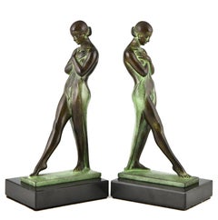 Art Deco style bookends standing nudes Meditation signed Fayral Max Le Verrier