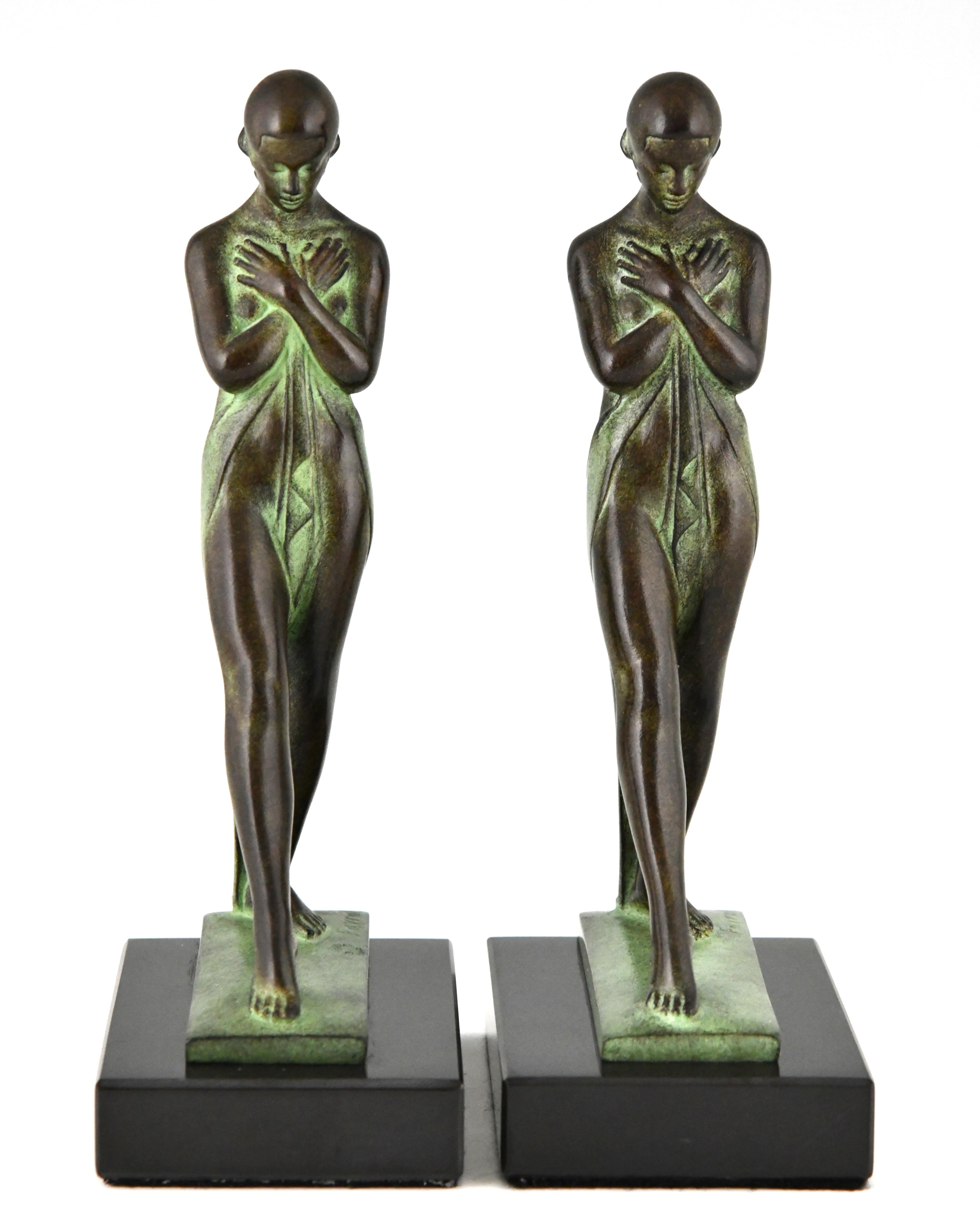 French Art Deco style bookends standing nudes Meditation signed Fayral Max Le Verrier
