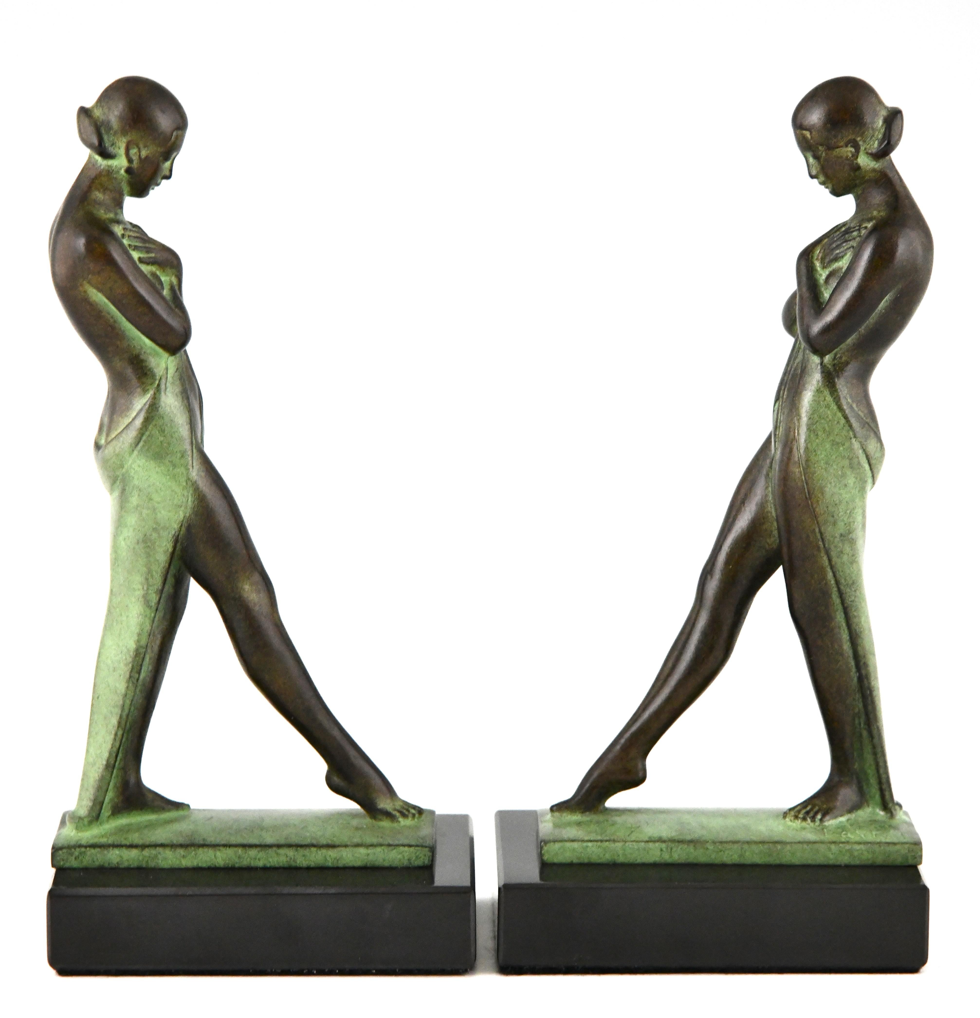 Patinated Art Deco style bookends standing nudes Meditation signed Fayral Max Le Verrier