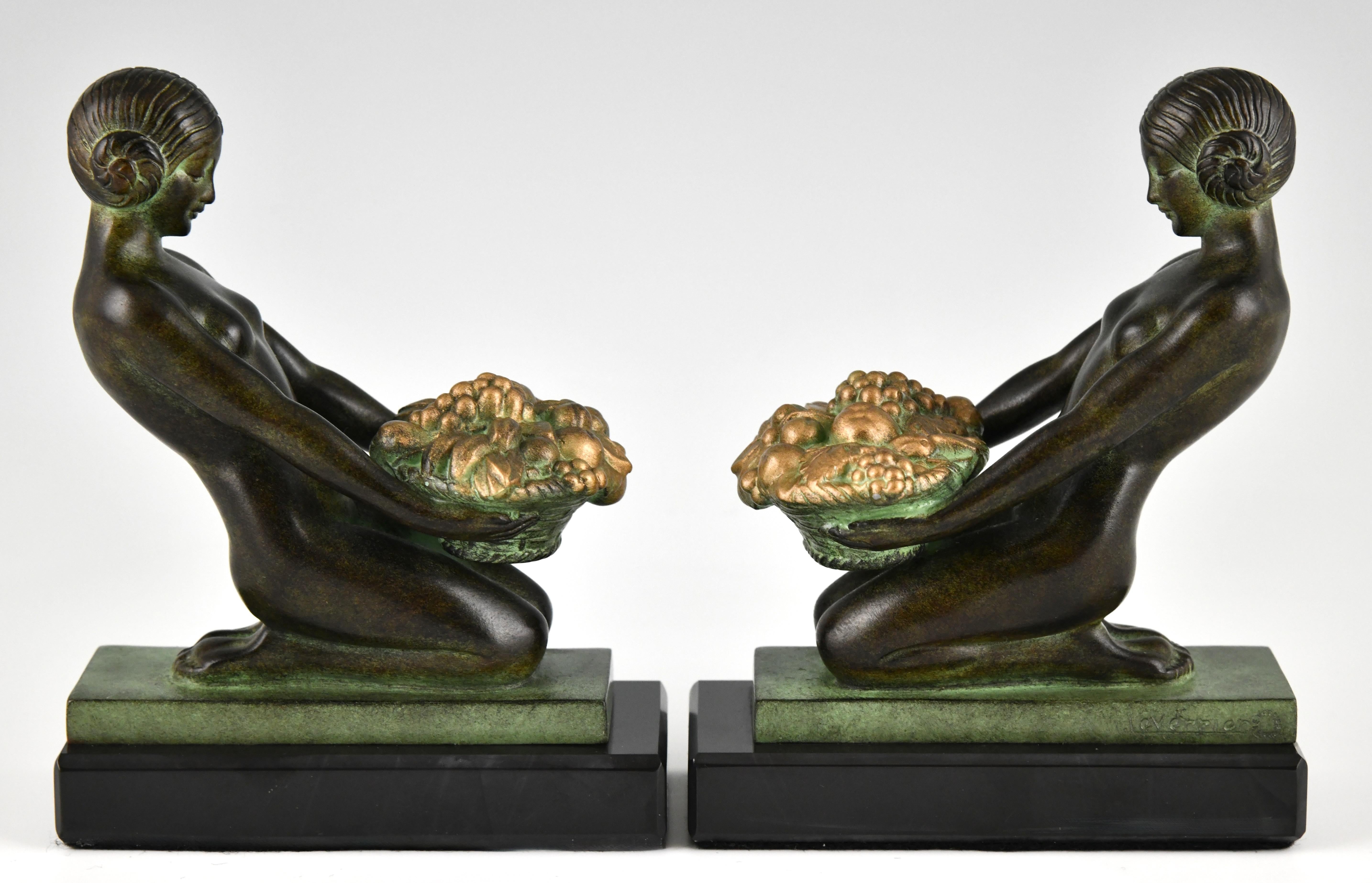 Patinated Art Deco style bookends with nudes Ceuillette signed Max Le Verrier. For Sale