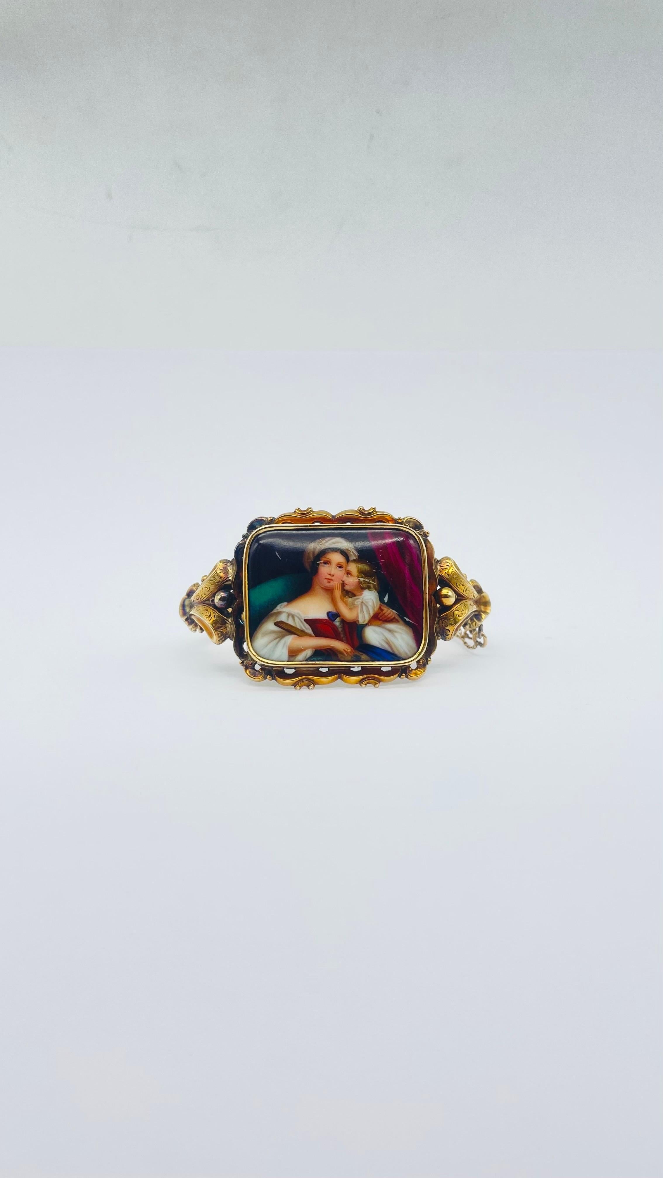 Biedermeier bracelet porcelain, meticulously crafted  in 14k yellow gold.  For Sale 6