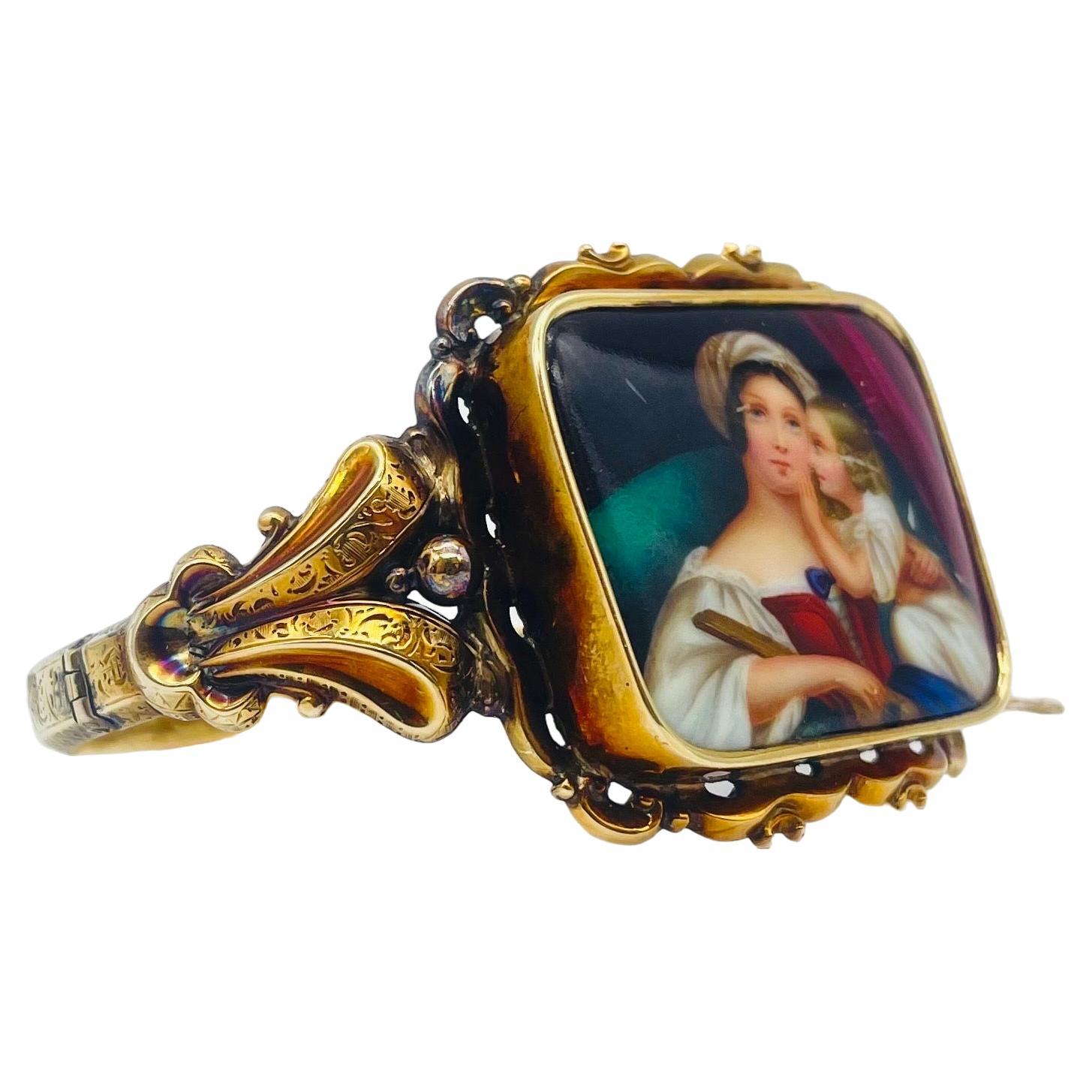 Biedermeier bracelet porcelain, meticulously crafted  in 14k yellow gold.  For Sale
