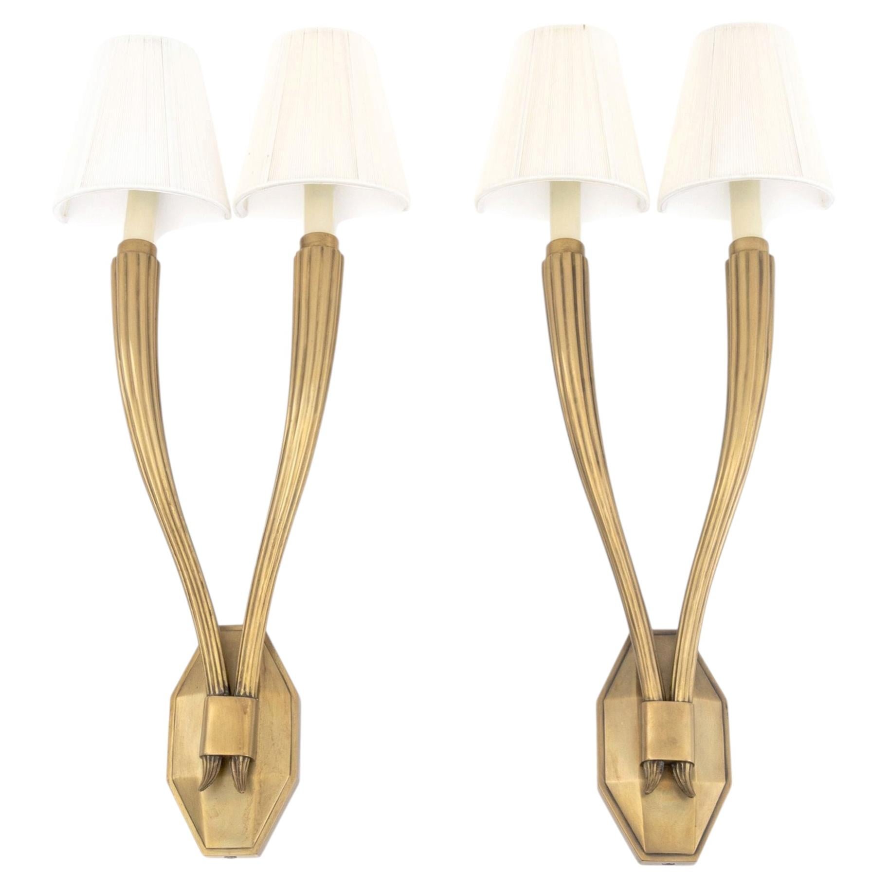 Pair of Art Deco Style Brass Two-Branch Wall Sconces
