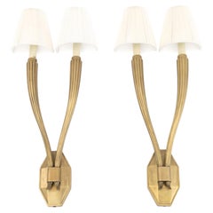 Pair of Art Deco Style Brass Wall Sconces, With Fluted Arms and Shades