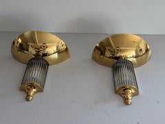 Art Deco Style Brass and Glass Pair of Wall Lamps, 1970s, Germany