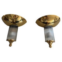 Art Deco Style Brass and Glass Pair of Wall Lamps, 1970s, Germany