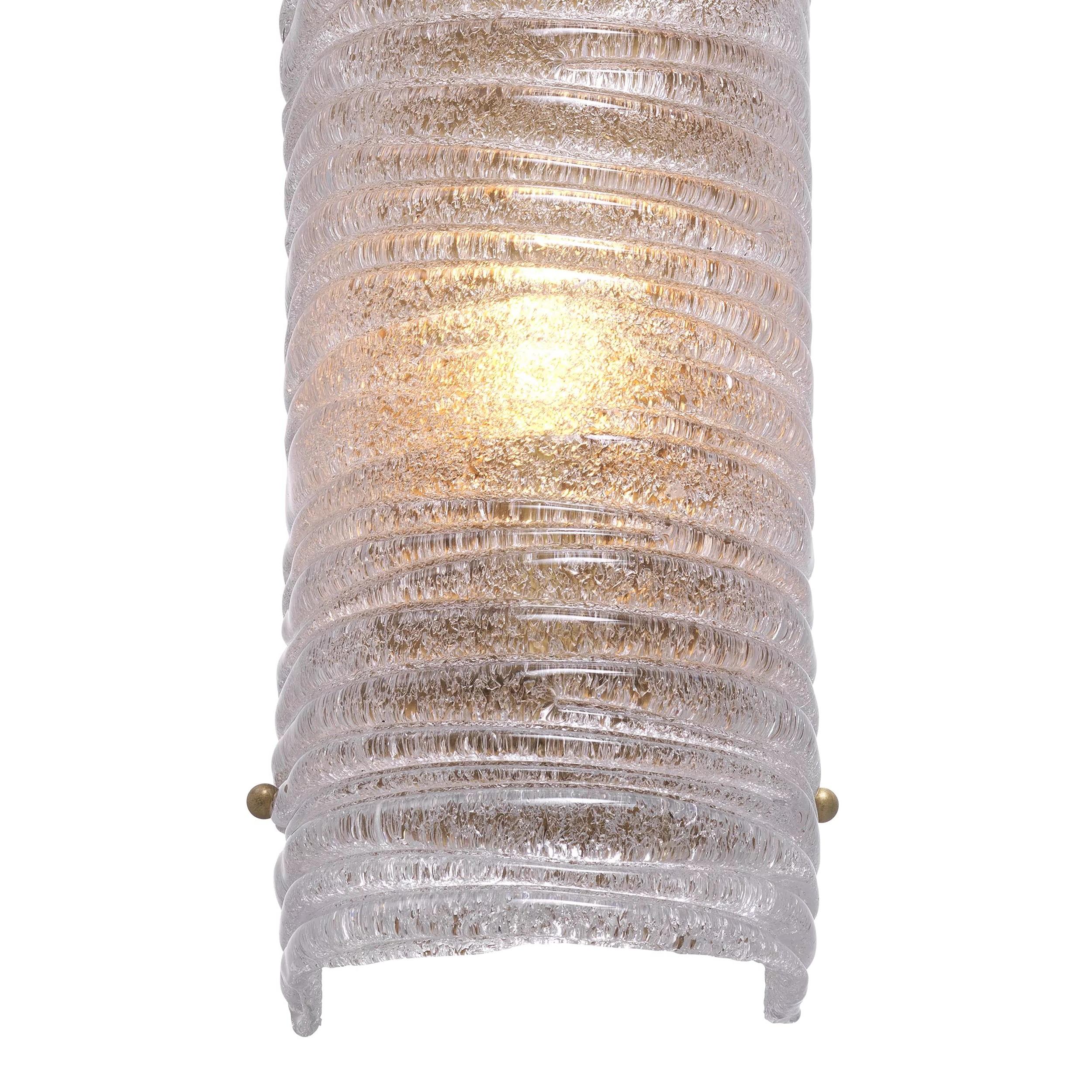 Art Deco Style brass and blown textured glass curved wall light: elegant, presence and class all in transparency. 2 E14 light bulbs required. New item, never used.
