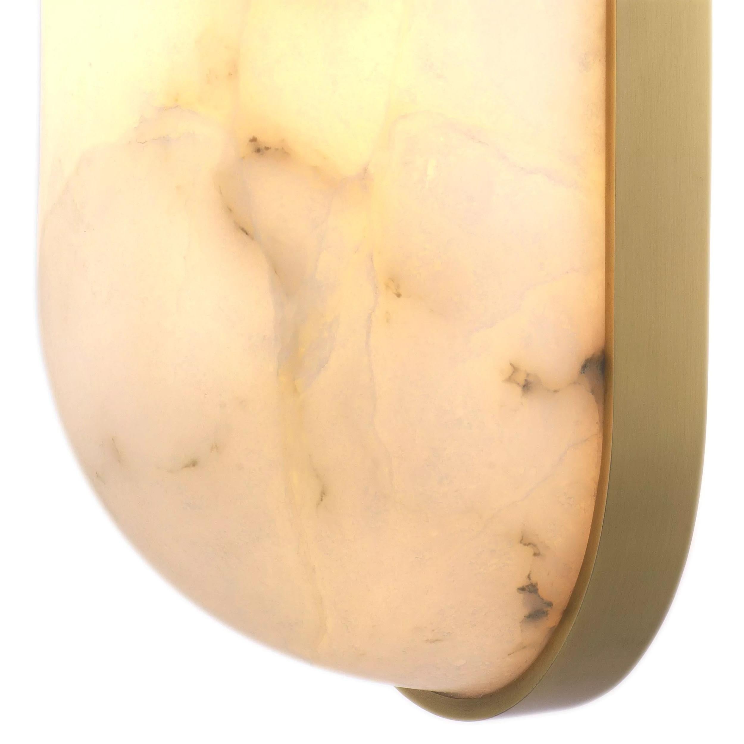 Art Deco Style Brass and white alabaster wall light, pils shaped elegant, presence and class all in transparency. 2 E14 light bulbs required. New item, never used.
