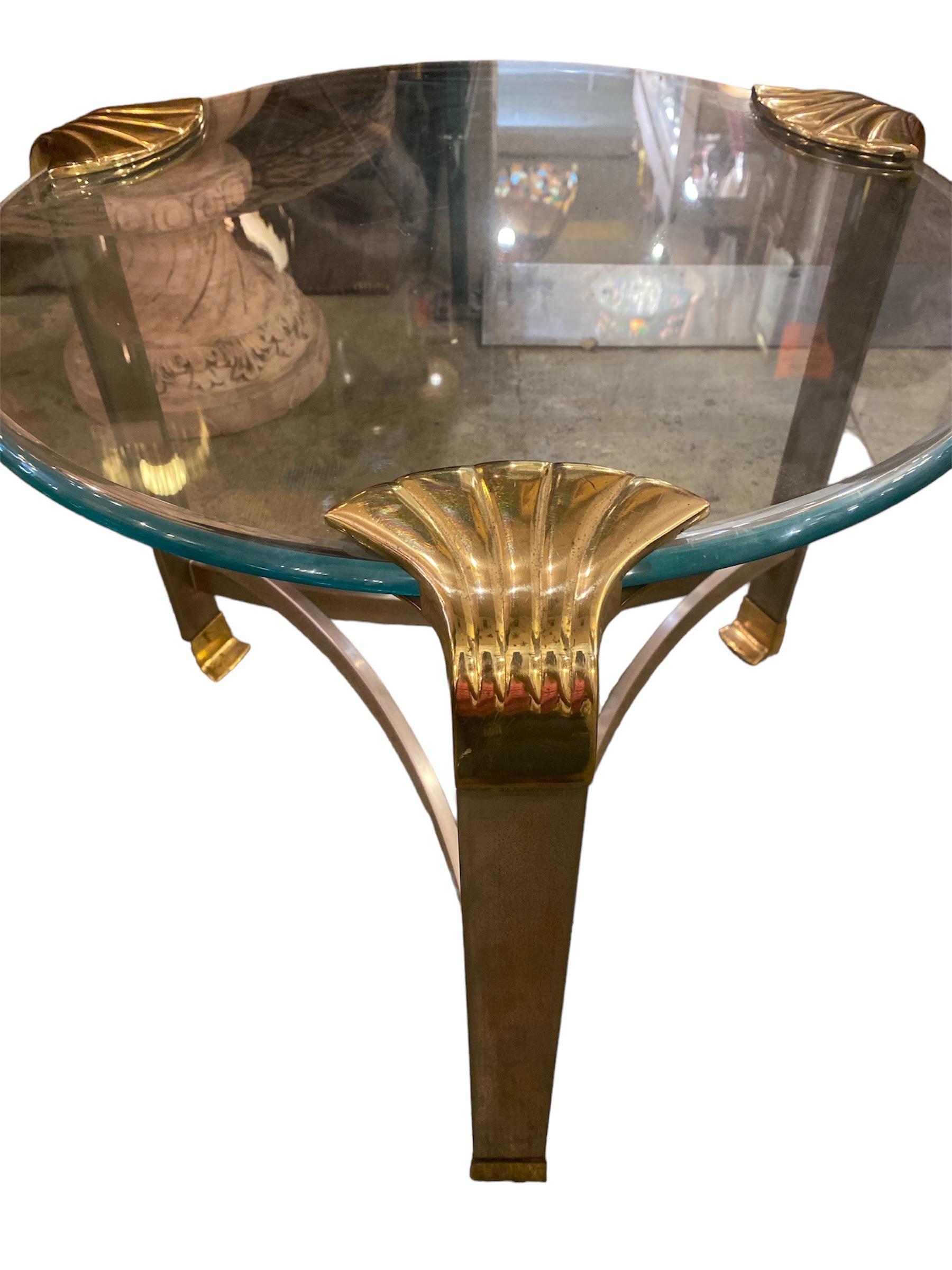 Art Deco Brass and Chrome Round Side Table 
Three legs 
Removeable glass 
