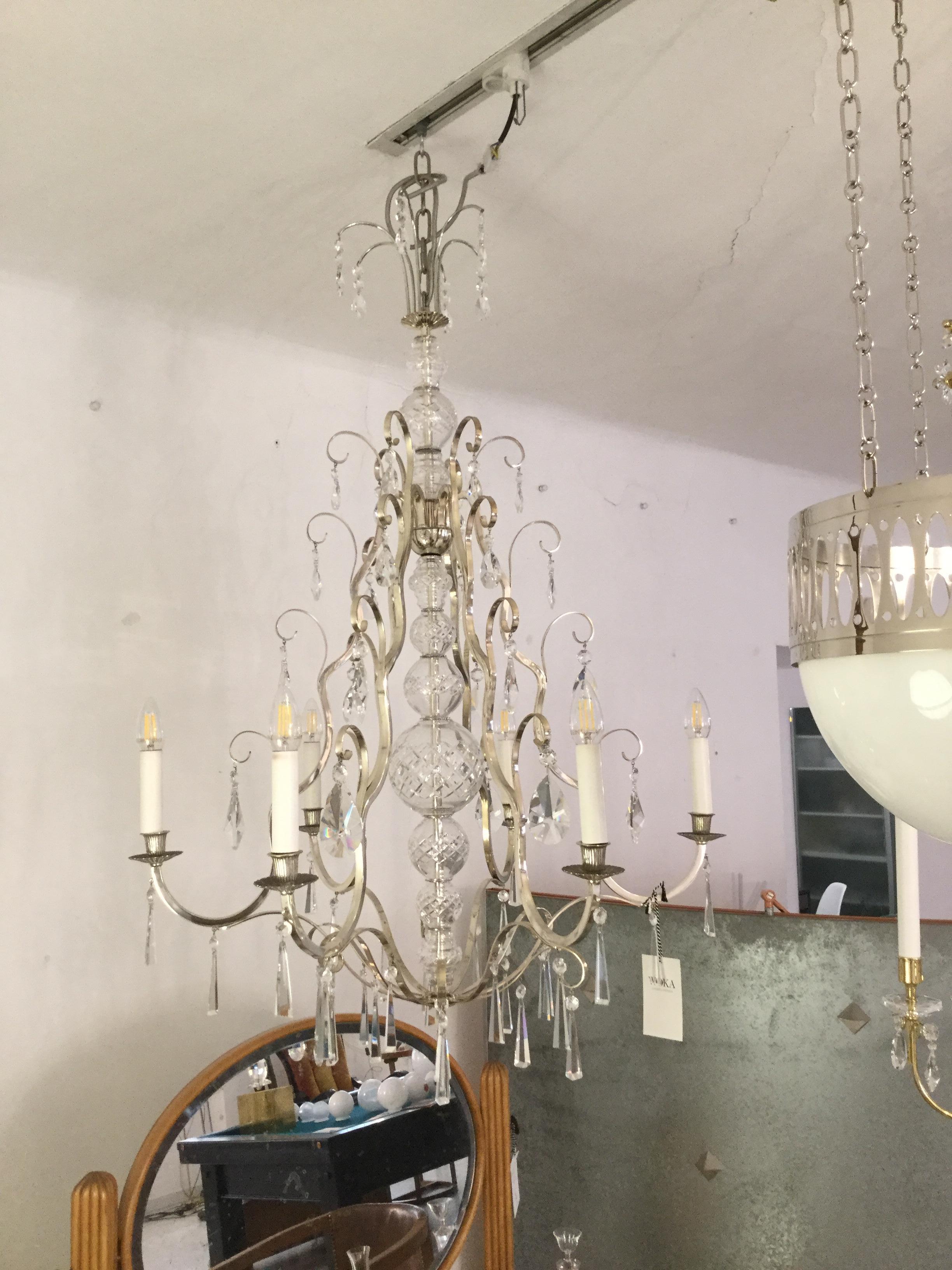 Hand-Crafted Art Deco Style Brass Crystal Glass Chandelier, Re Edition For Sale