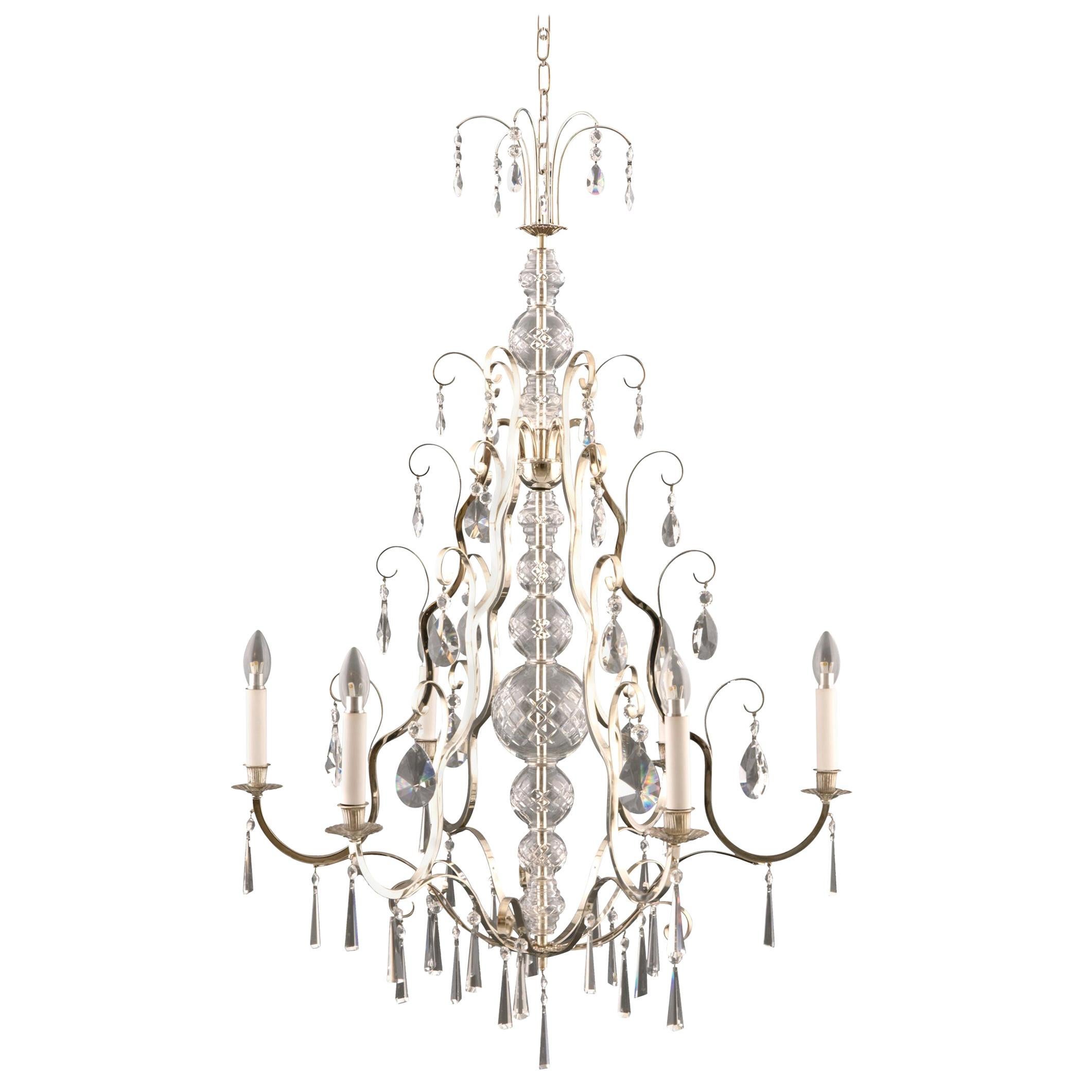 Art Deco Style Brass Crystal Glass Chandelier, Re Edition
