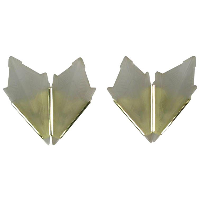 Art Deco Style Brass & Frosted Glass Slip Shade Sconces For Sale