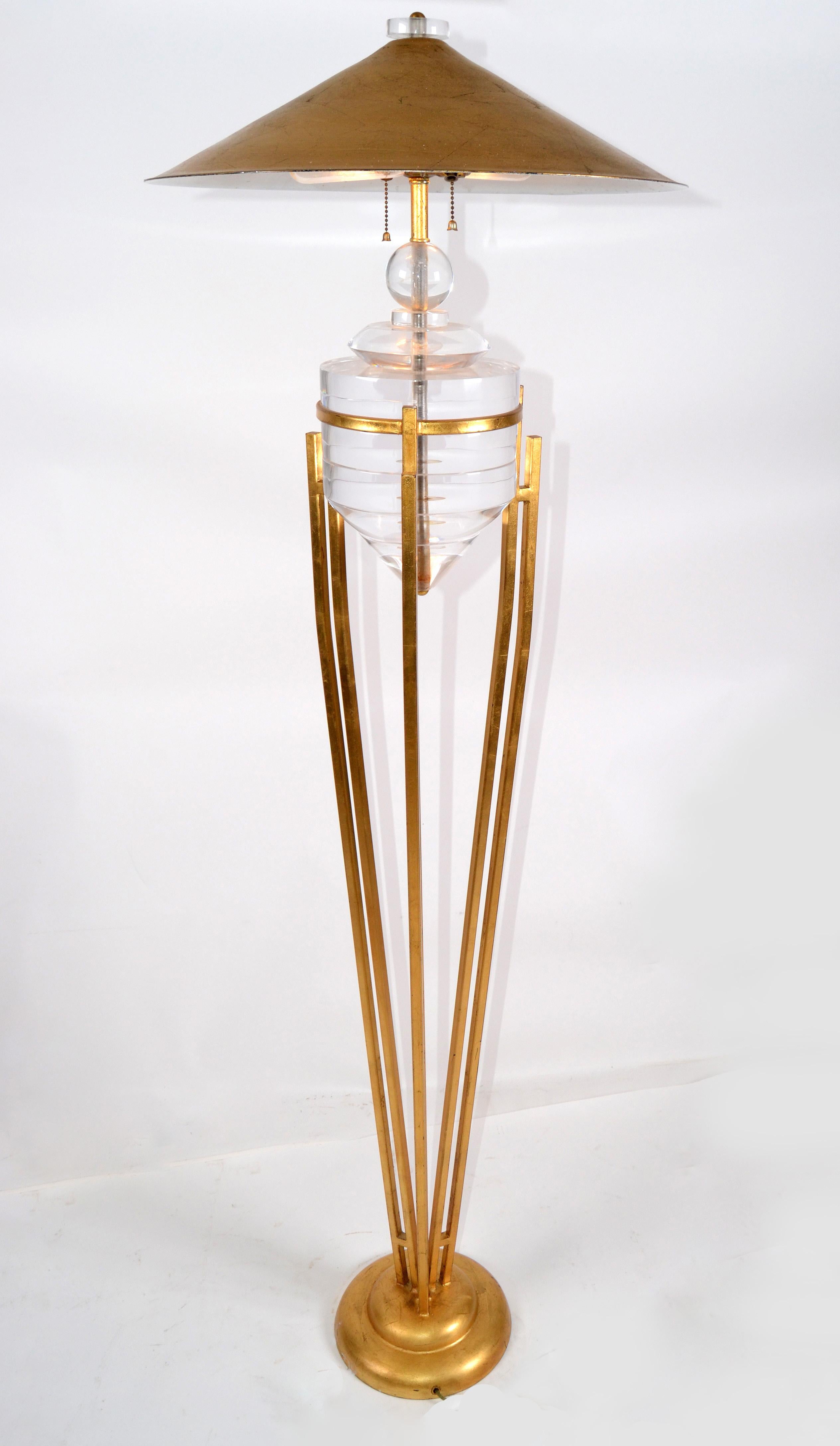 Art Deco Style Brass Metal and Stacked Lucite Module Floor Lamp Golden Shade For Sale 4