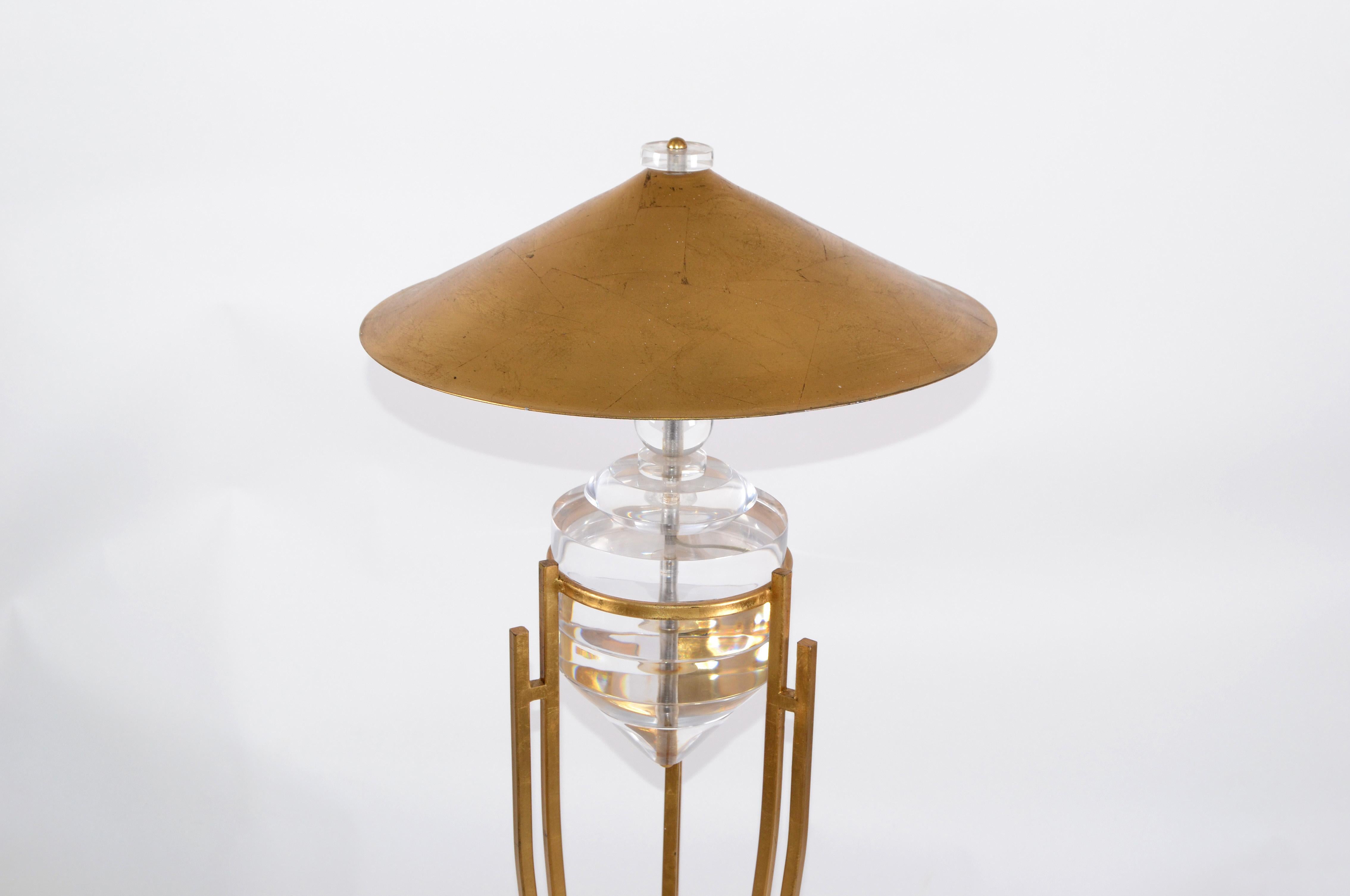 American Art Deco Style Brass Metal and Stacked Lucite Module Floor Lamp Golden Shade For Sale