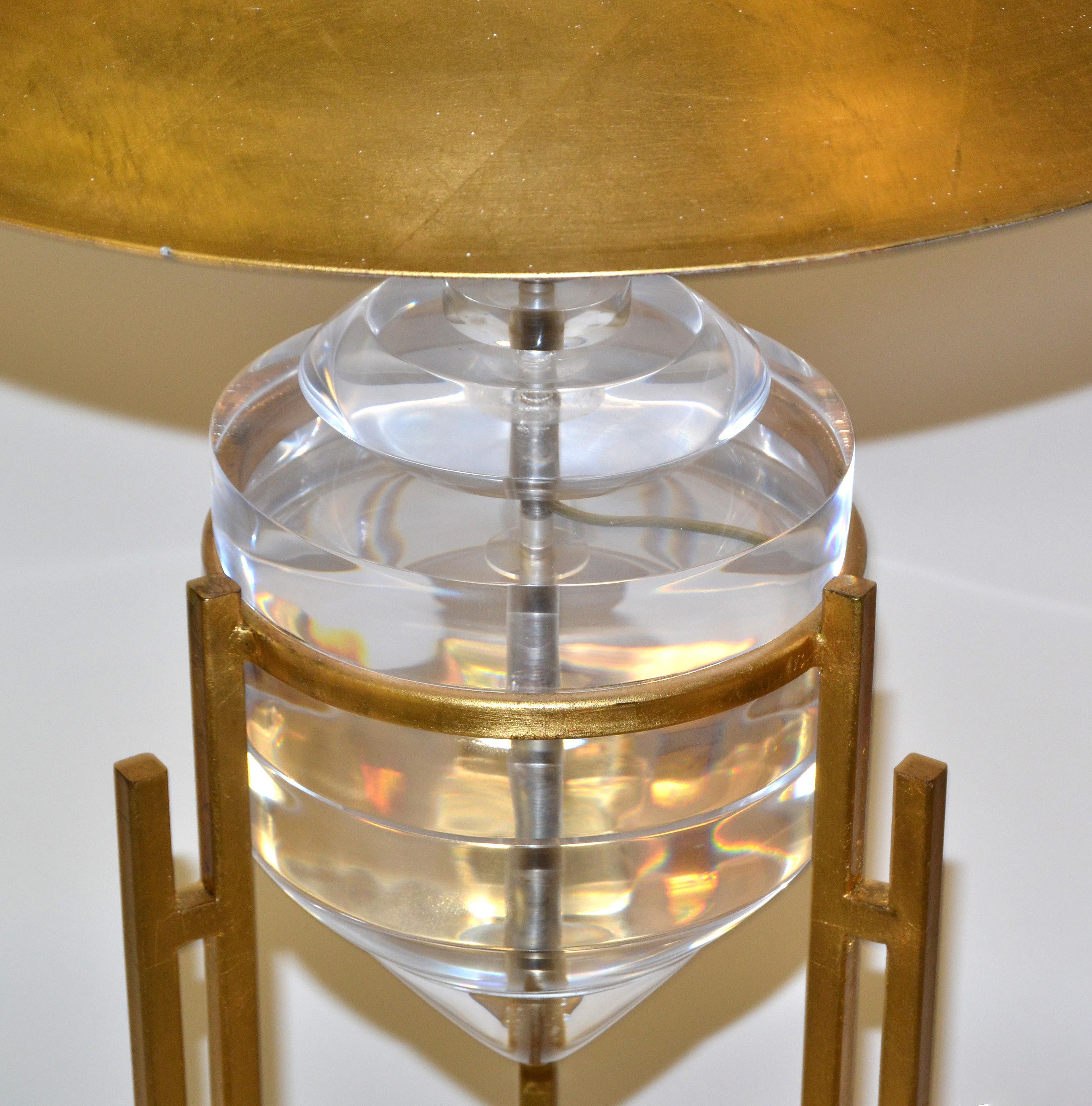 Gilt Art Deco Style Brass Metal and Stacked Lucite Module Floor Lamp Golden Shade For Sale