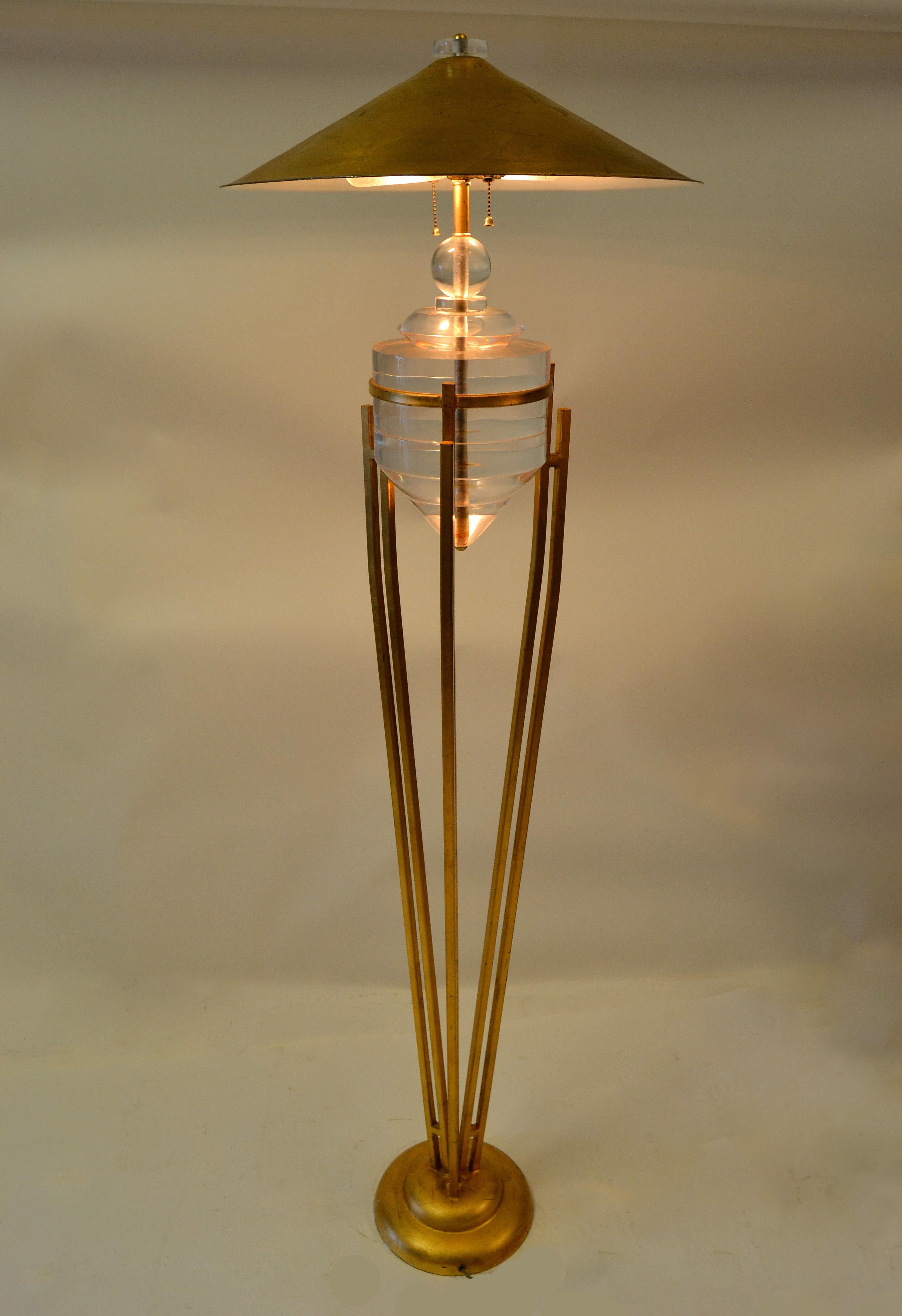 Mid-20th Century Art Deco Style Brass Metal and Stacked Lucite Module Floor Lamp Golden Shade For Sale