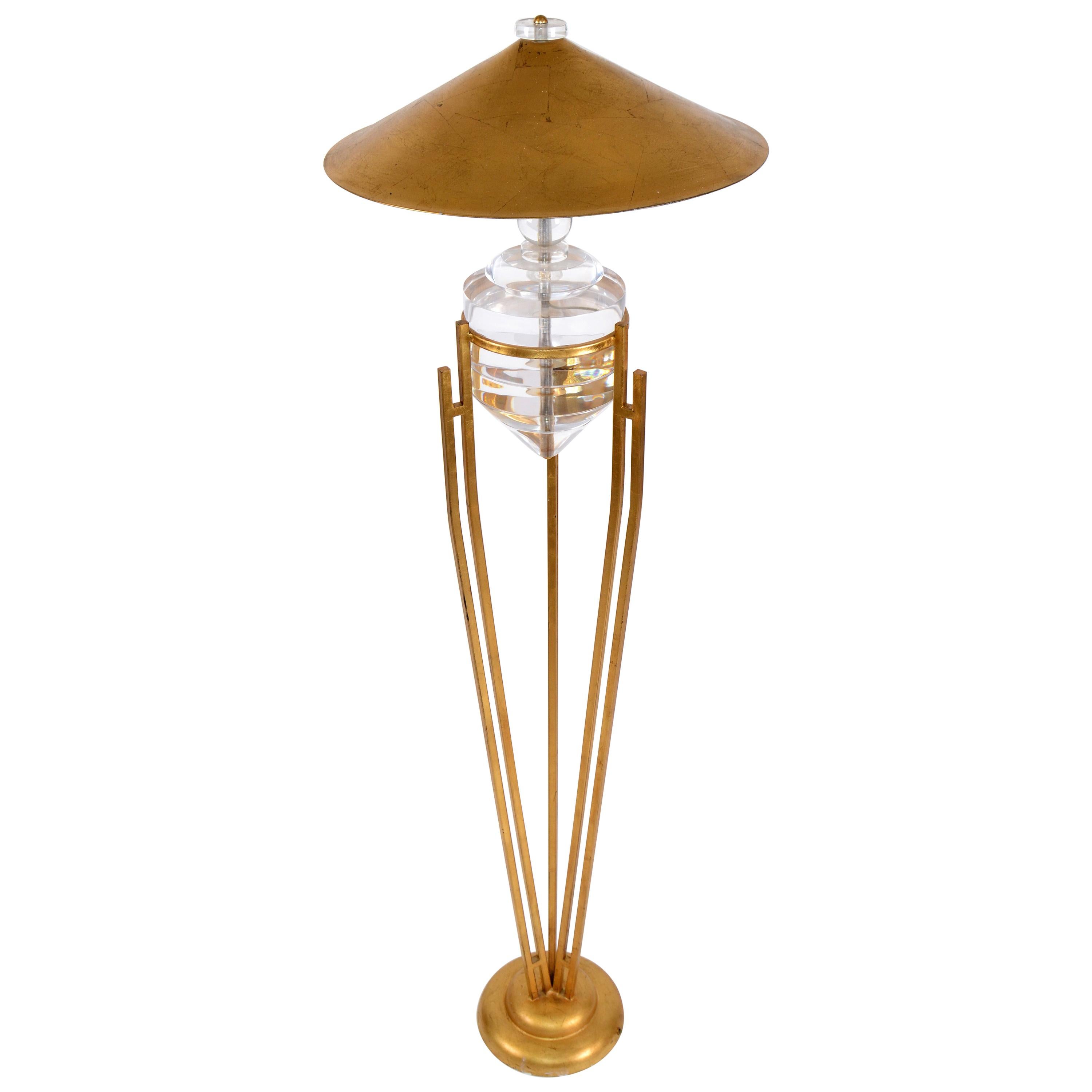 Art Deco Style Brass Metal and Stacked Lucite Module Floor Lamp Golden Shade For Sale