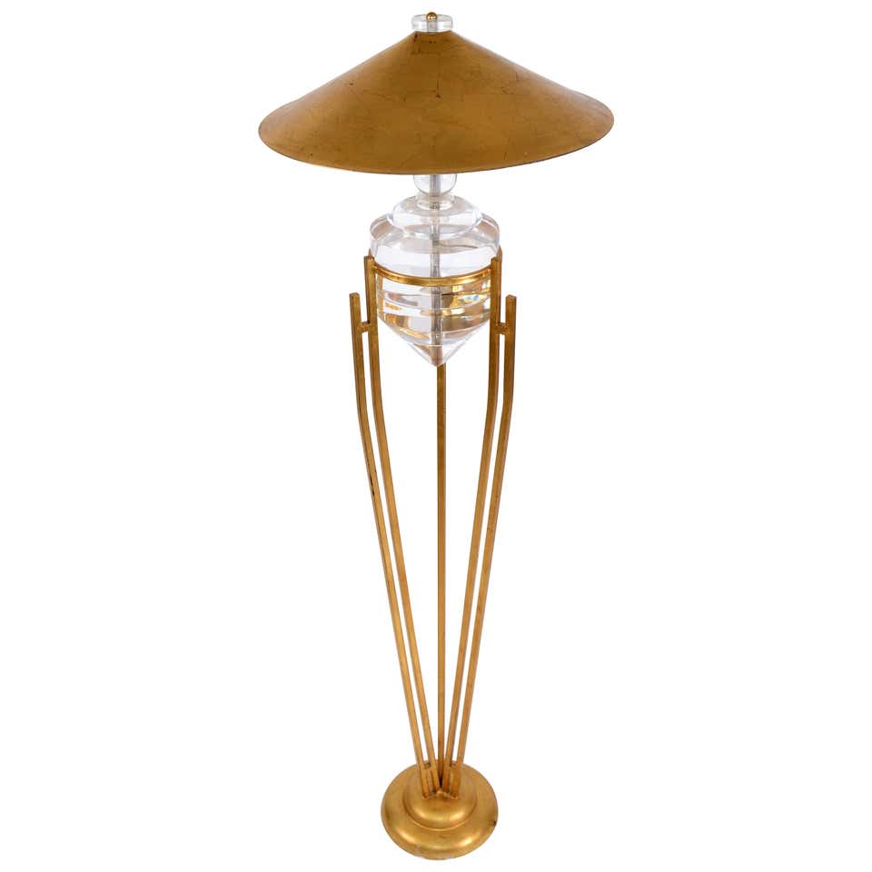 Art Deco Style Chrome and Lucite Floor Lamp with Frosted-Glass Shade ...
