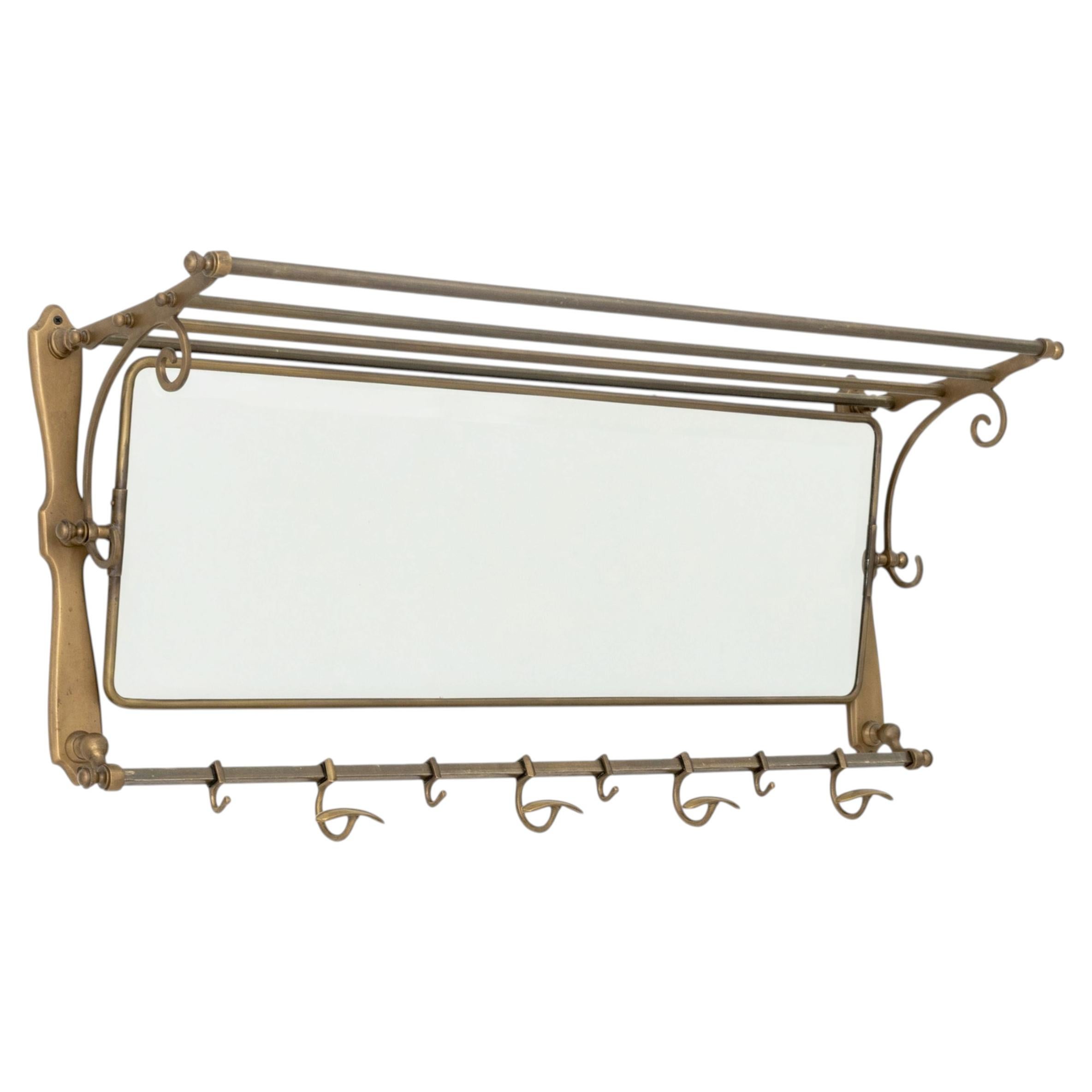 Art Deco Brass Mirrored Coat Rack with Beveled Glass, Eight Hooks