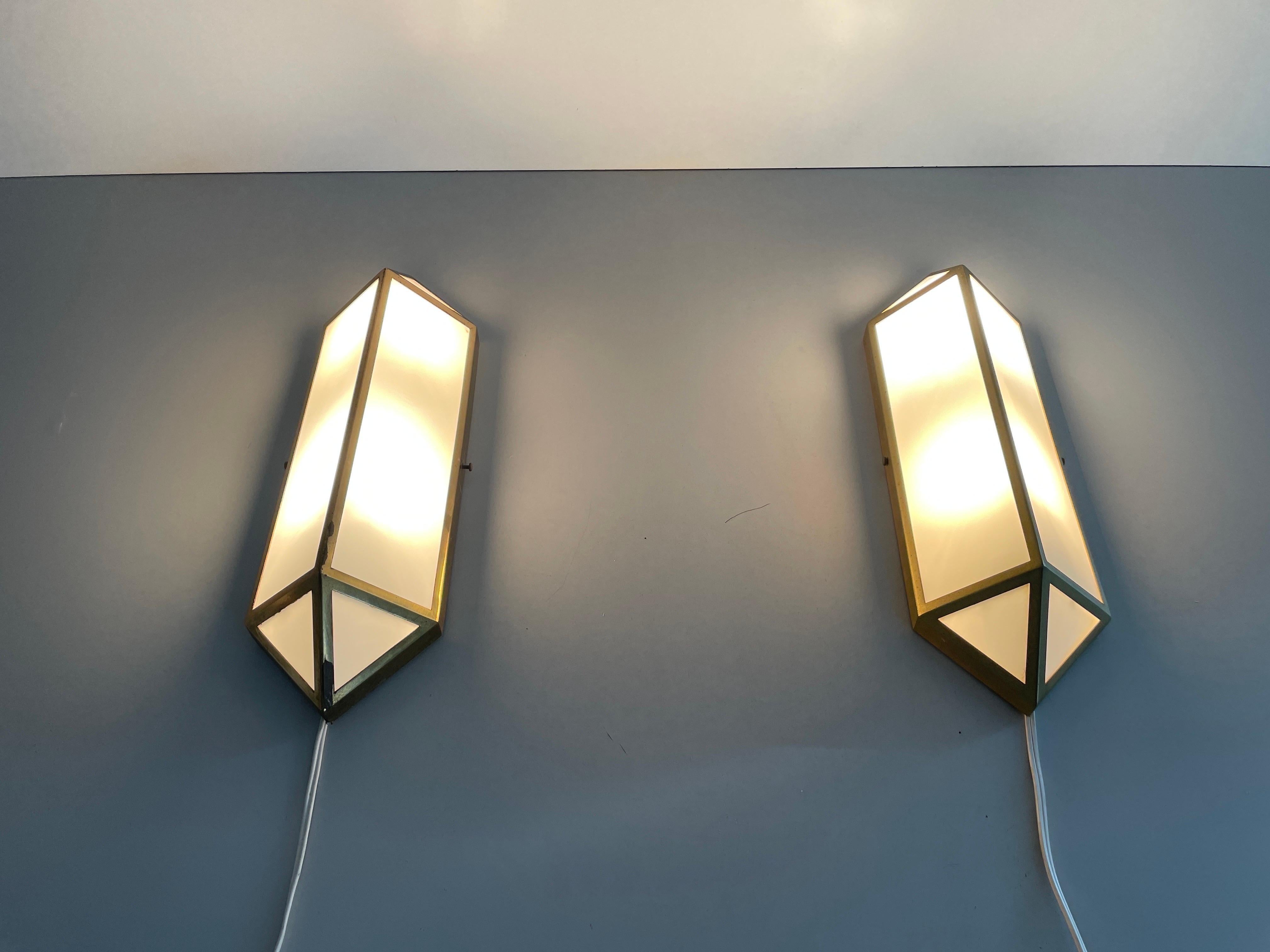 Art Deco Style Brass and Glass Pair of Sconces, 1950s, Germany For Sale 8