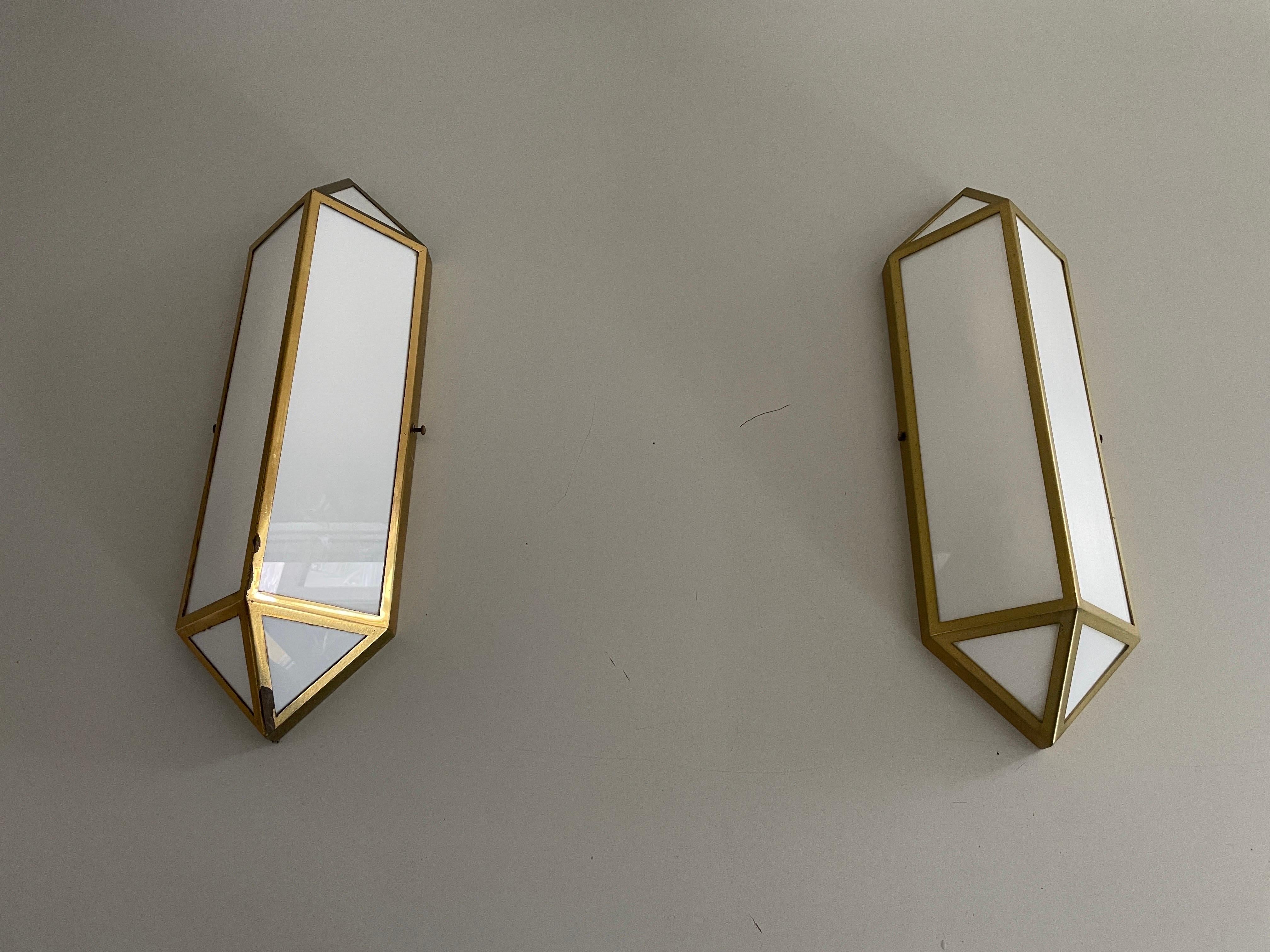 Mid-20th Century Art Deco Style Brass and Glass Pair of Sconces, 1950s, Germany For Sale