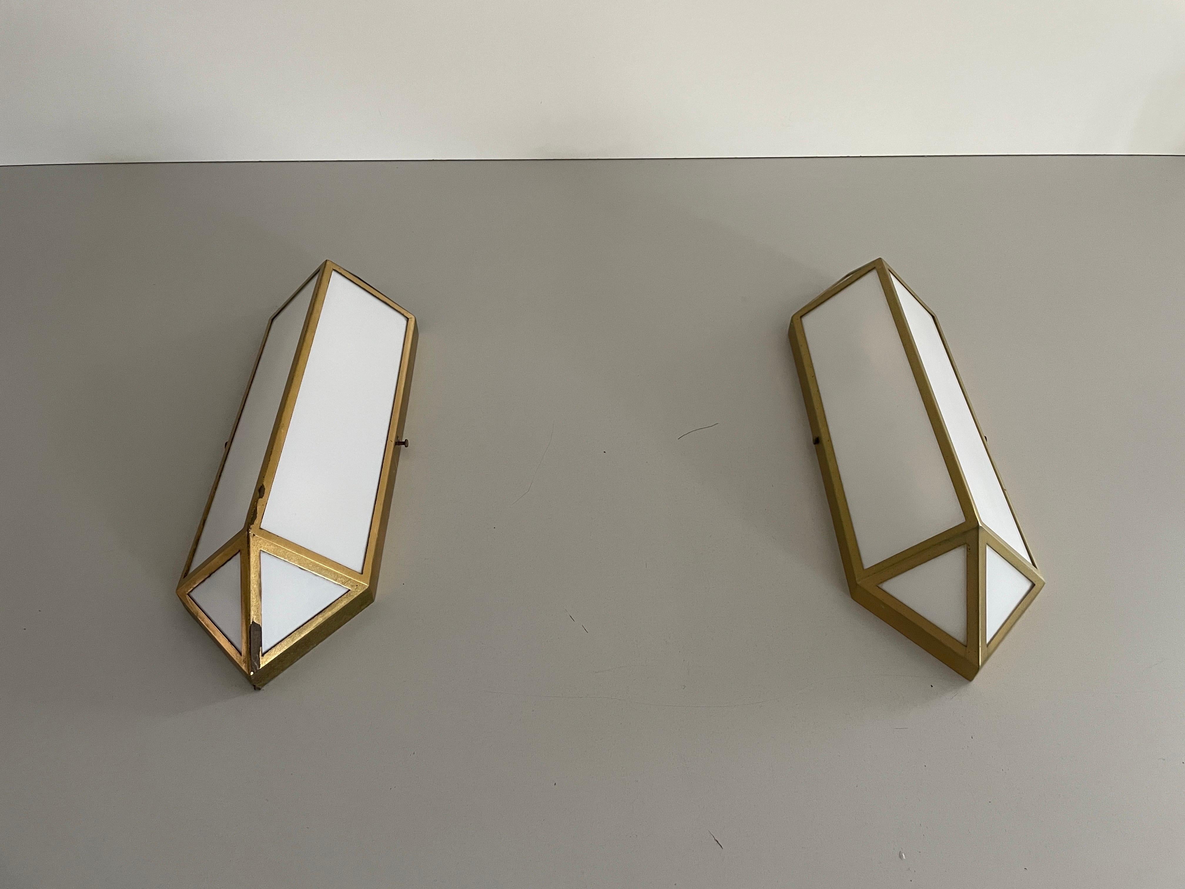 Art Deco Style Brass and Glass Pair of Sconces, 1950s, Germany For Sale 1