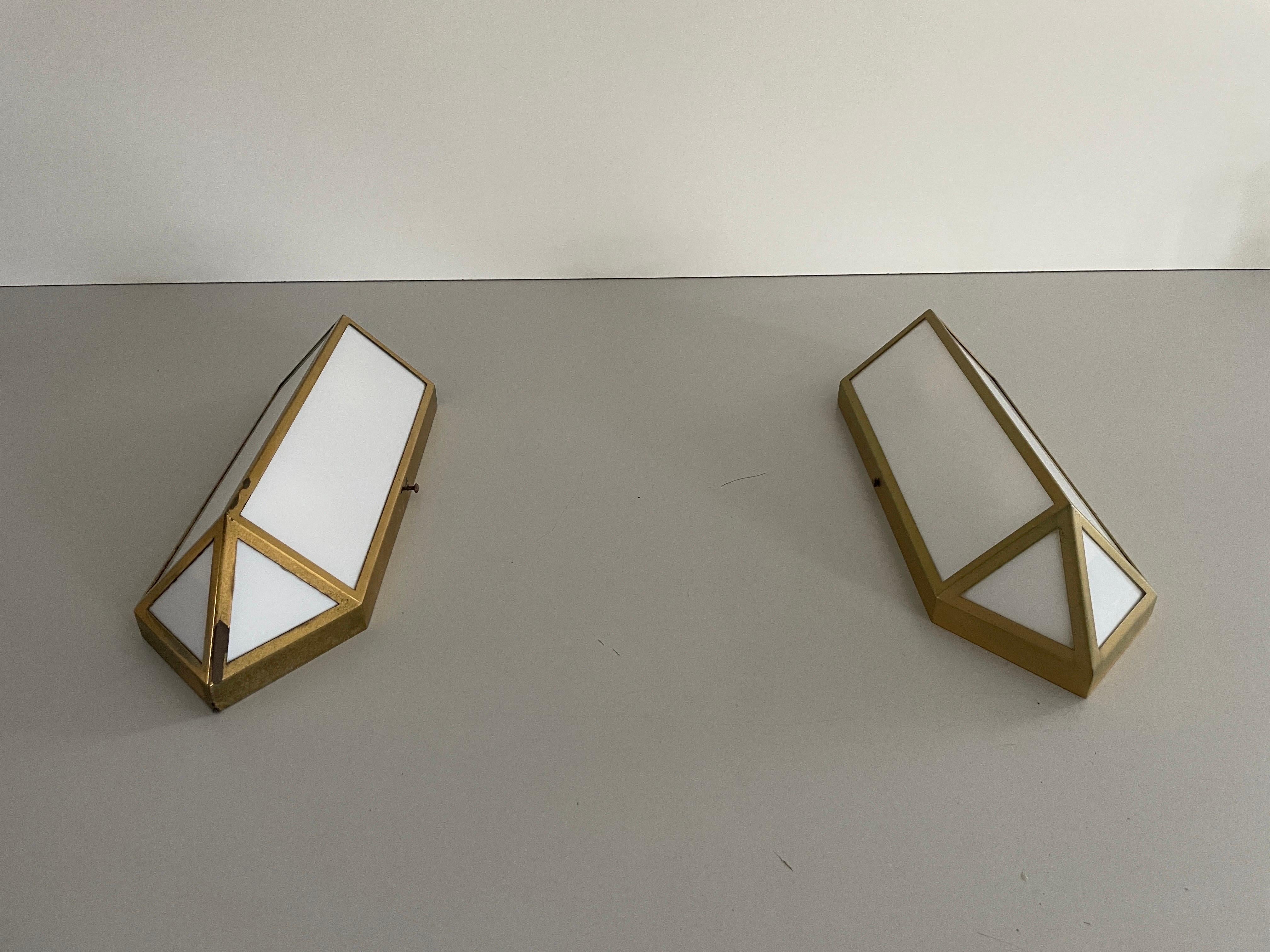 Art Deco Style Brass and Glass Pair of Sconces, 1950s, Germany For Sale 2