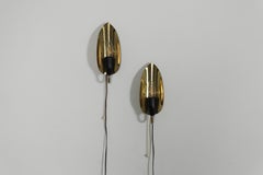 Art Deco Style Brass Shield Wall Sconces, Leaf Form, Black Sockets, Pair