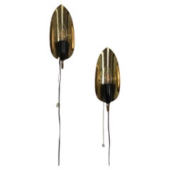Art Deco Style Brass Shield Wall Sconces, Leaf Form, Black Sockets, Pair