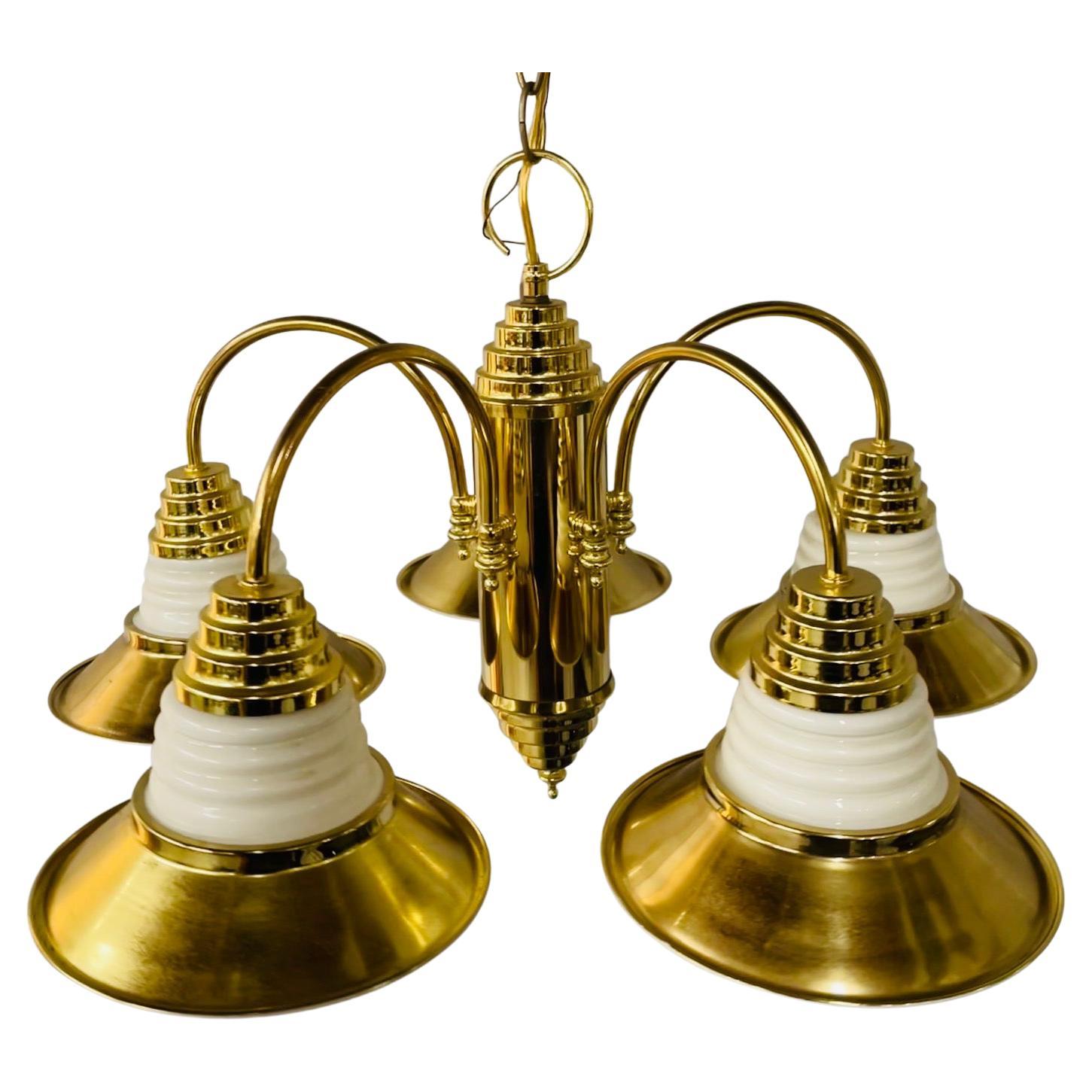 Art Deco Style Brass Torch Style 5 Arms Chandelier or Pendant