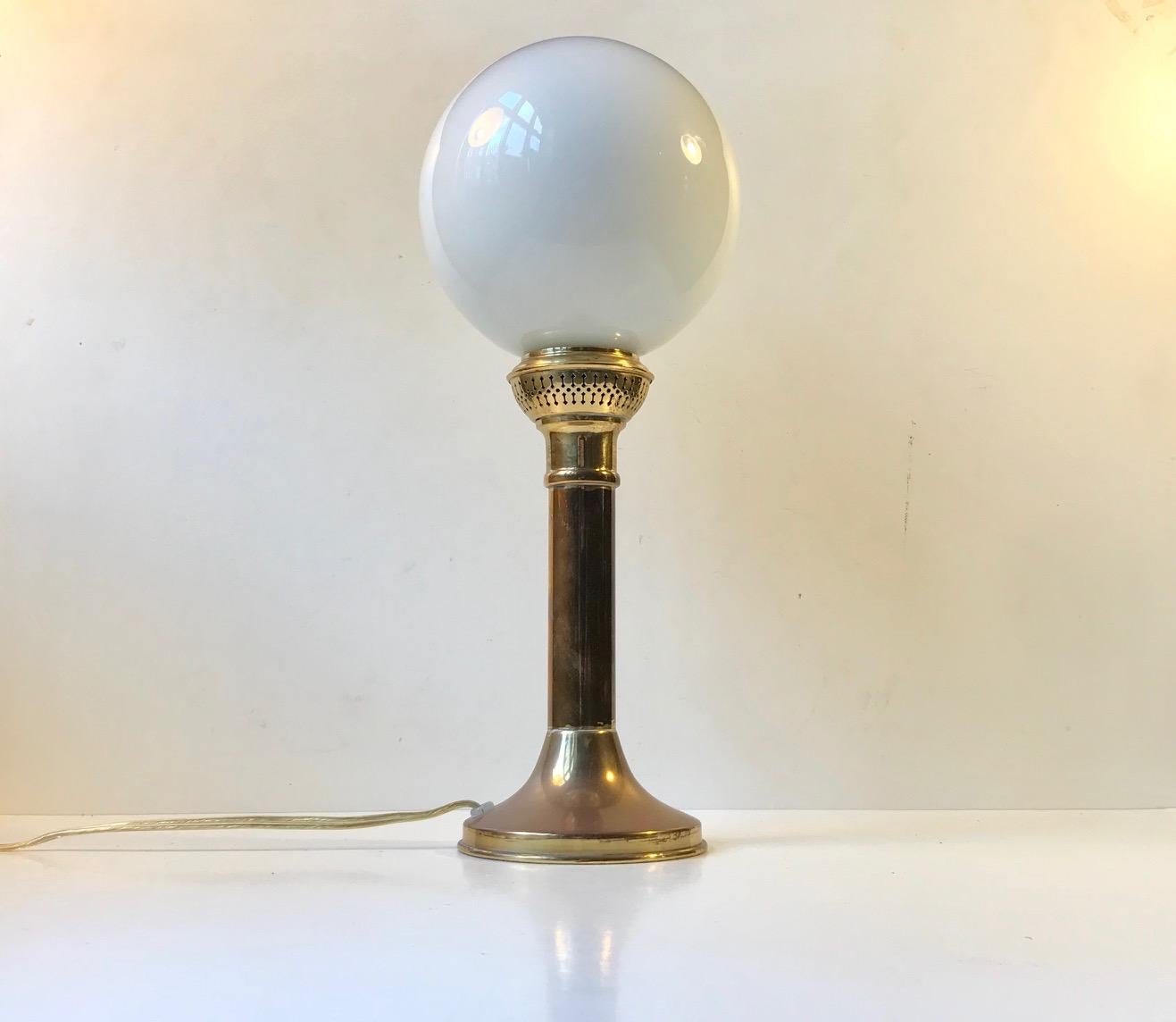 Scandinavian Art Deco Style Brass and White Glass Table Lamp, 1970s