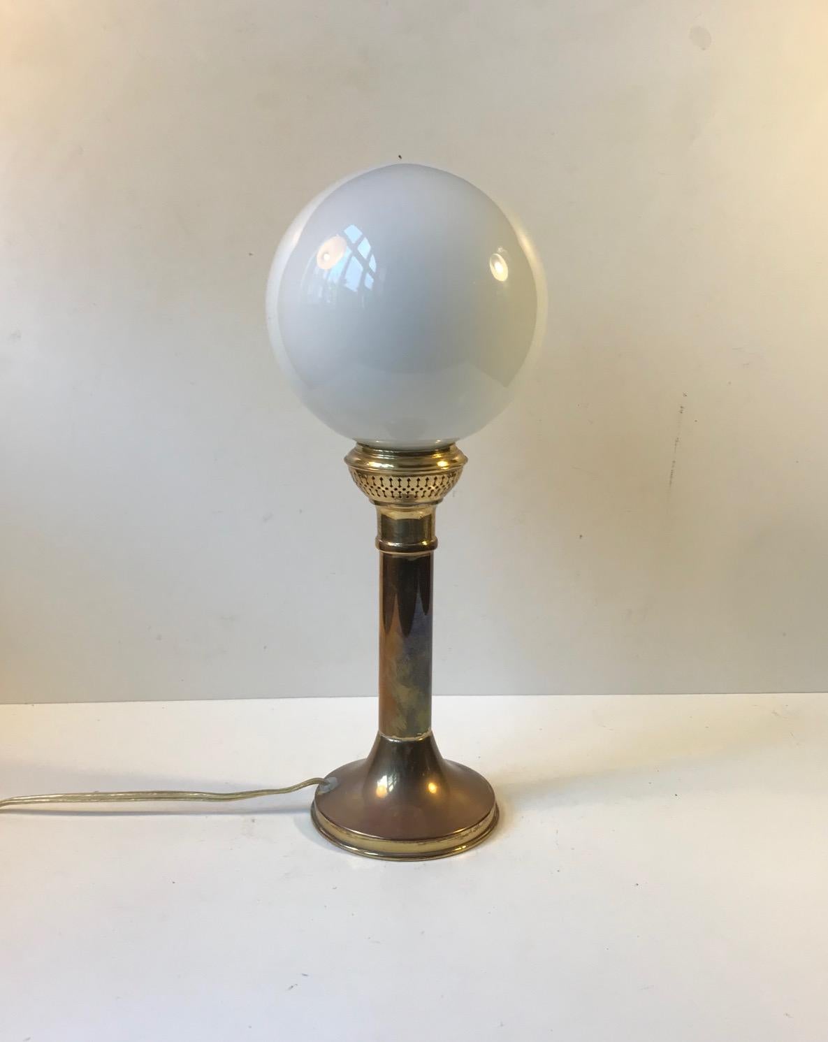 Mid-20th Century Art Deco Style Brass and White Glass Table Lamp, 1970s