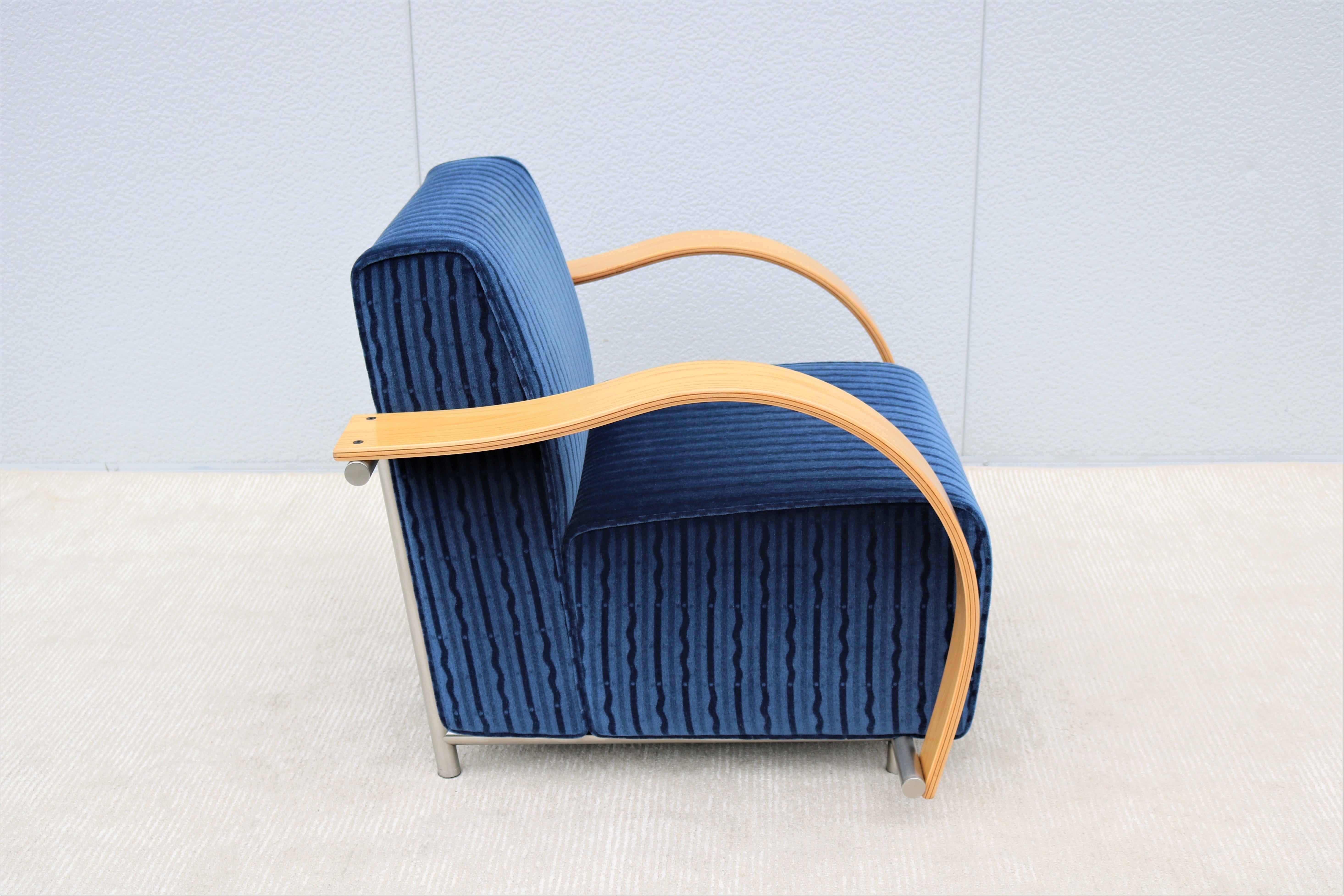 Stainless Steel Art Deco Style Brian Kane for Nienkamper Regal Blue Mohair Spirit Lounge Chair