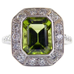 Art Deco Style Bright Green Peridot and Emerald Cluster Ring in Platinumq